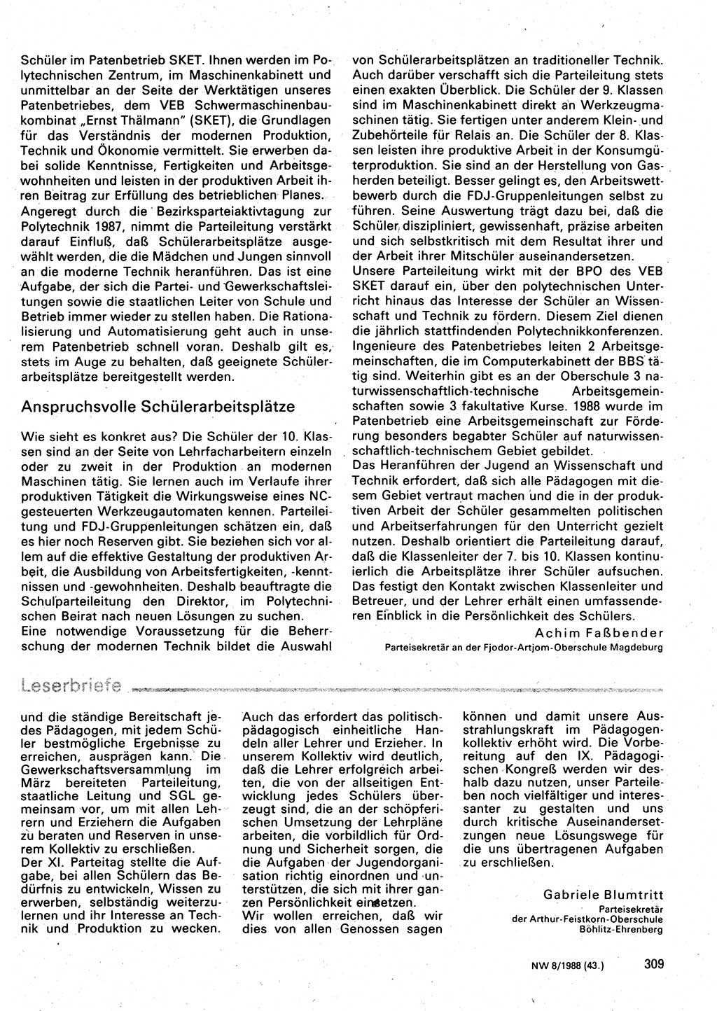 Neuer Weg (NW), Organ des Zentralkomitees (ZK) der SED (Sozialistische Einheitspartei Deutschlands) für Fragen des Parteilebens, 43. Jahrgang [Deutsche Demokratische Republik (DDR)] 1988, Seite 309 (NW ZK SED DDR 1988, S. 309)