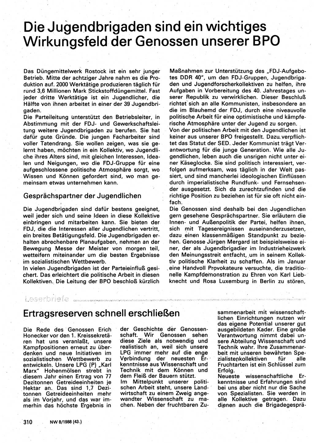 Neuer Weg (NW), Organ des Zentralkomitees (ZK) der SED (Sozialistische Einheitspartei Deutschlands) für Fragen des Parteilebens, 43. Jahrgang [Deutsche Demokratische Republik (DDR)] 1988, Seite 310 (NW ZK SED DDR 1988, S. 310)