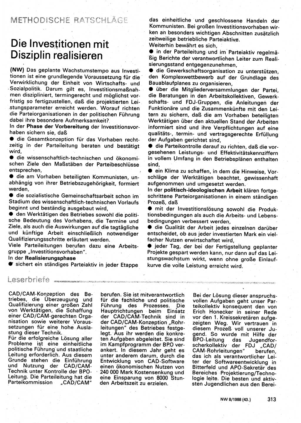 Neuer Weg (NW), Organ des Zentralkomitees (ZK) der SED (Sozialistische Einheitspartei Deutschlands) für Fragen des Parteilebens, 43. Jahrgang [Deutsche Demokratische Republik (DDR)] 1988, Seite 313 (NW ZK SED DDR 1988, S. 313)