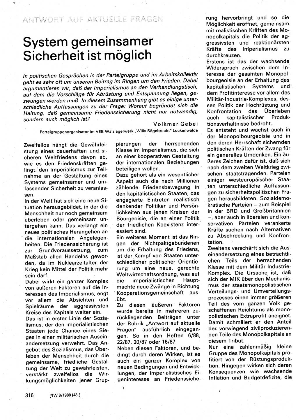 Neuer Weg (NW), Organ des Zentralkomitees (ZK) der SED (Sozialistische Einheitspartei Deutschlands) für Fragen des Parteilebens, 43. Jahrgang [Deutsche Demokratische Republik (DDR)] 1988, Seite 316 (NW ZK SED DDR 1988, S. 316)