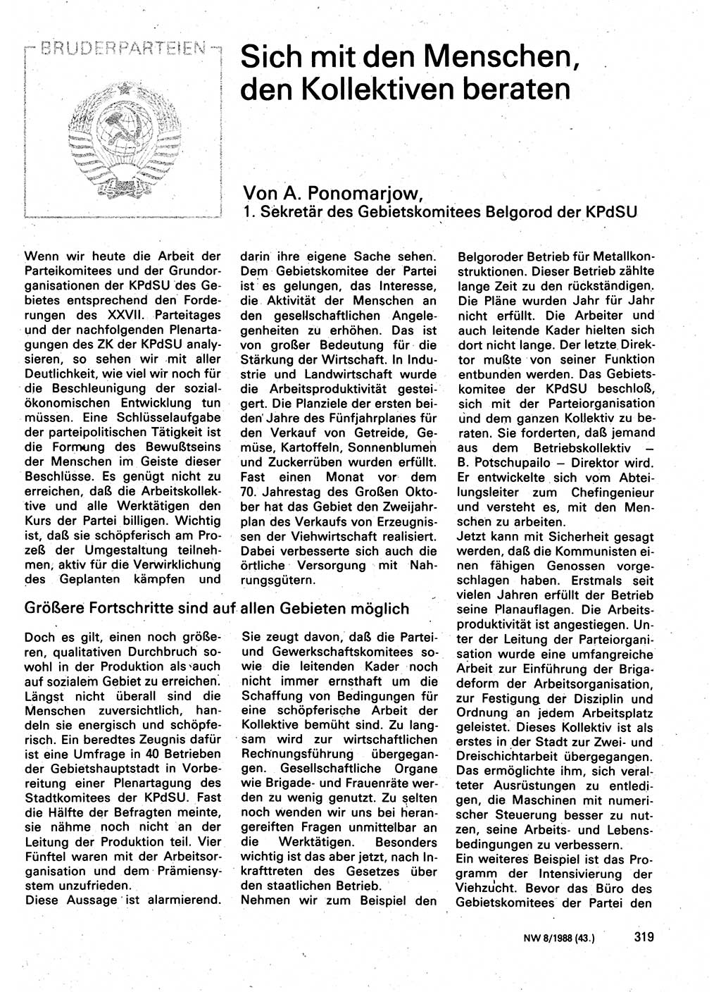 Neuer Weg (NW), Organ des Zentralkomitees (ZK) der SED (Sozialistische Einheitspartei Deutschlands) für Fragen des Parteilebens, 43. Jahrgang [Deutsche Demokratische Republik (DDR)] 1988, Seite 319 (NW ZK SED DDR 1988, S. 319)