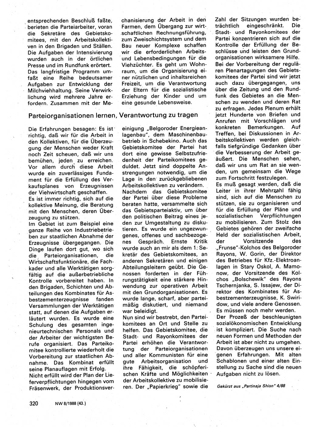 Neuer Weg (NW), Organ des Zentralkomitees (ZK) der SED (Sozialistische Einheitspartei Deutschlands) für Fragen des Parteilebens, 43. Jahrgang [Deutsche Demokratische Republik (DDR)] 1988, Seite 320 (NW ZK SED DDR 1988, S. 320)