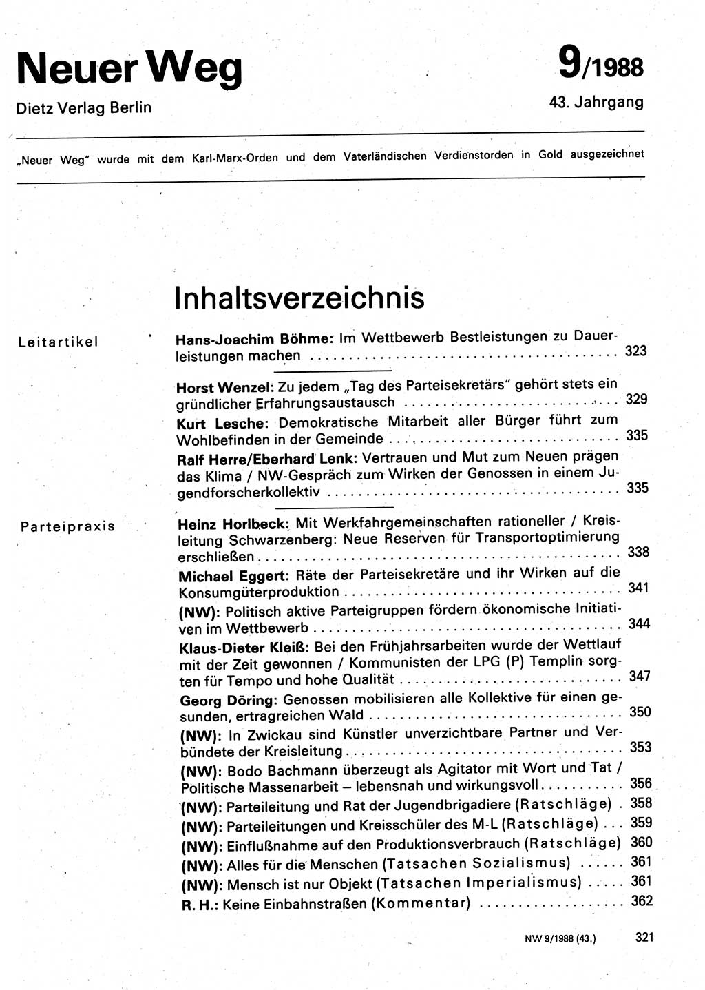 Neuer Weg (NW), Organ des Zentralkomitees (ZK) der SED (Sozialistische Einheitspartei Deutschlands) für Fragen des Parteilebens, 43. Jahrgang [Deutsche Demokratische Republik (DDR)] 1988, Seite 321 (NW ZK SED DDR 1988, S. 321)