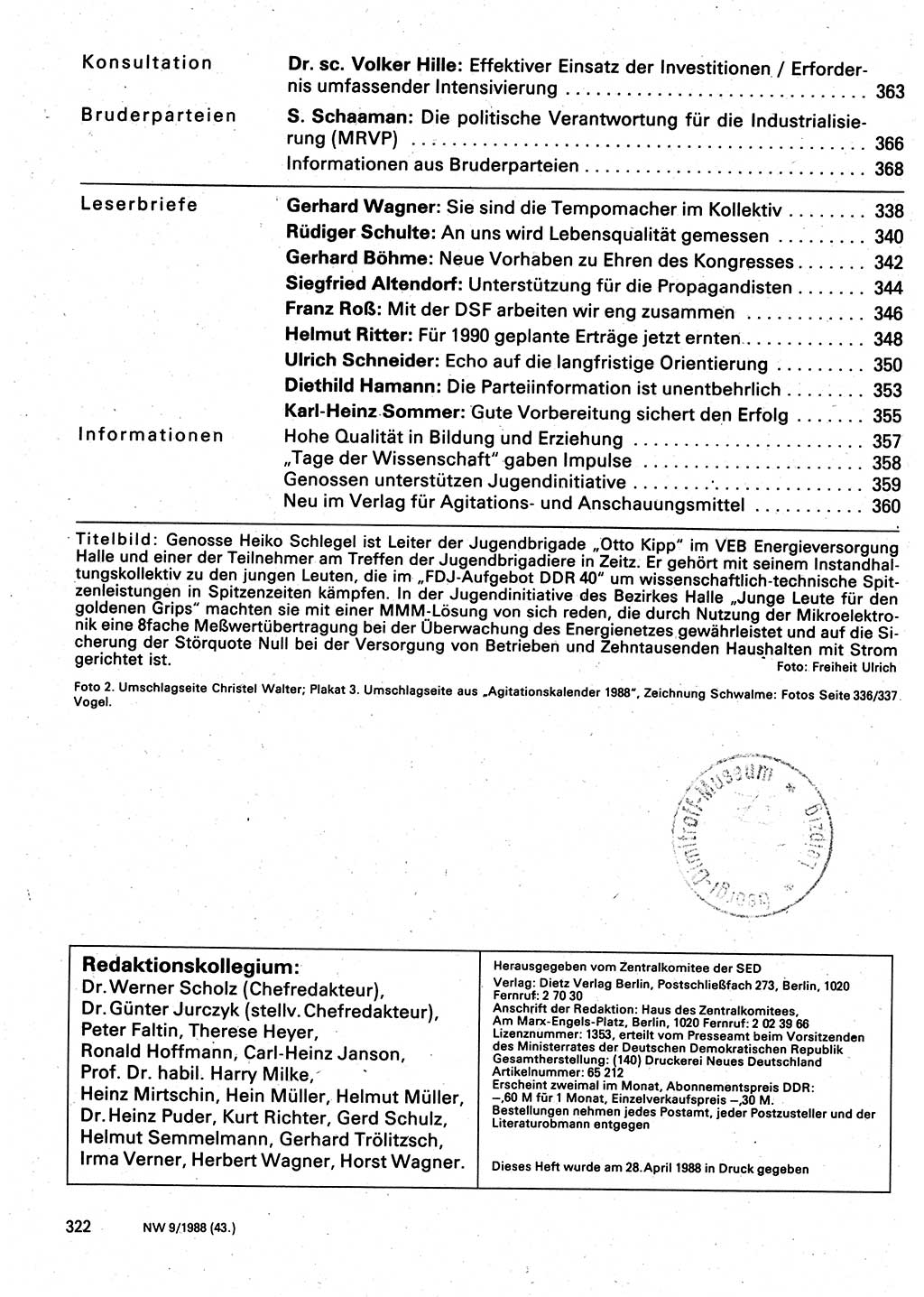 Neuer Weg (NW), Organ des Zentralkomitees (ZK) der SED (Sozialistische Einheitspartei Deutschlands) für Fragen des Parteilebens, 43. Jahrgang [Deutsche Demokratische Republik (DDR)] 1988, Seite 322 (NW ZK SED DDR 1988, S. 322)