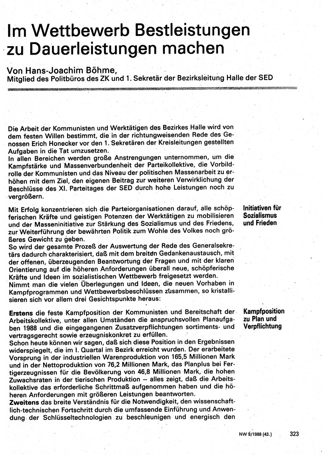 Neuer Weg (NW), Organ des Zentralkomitees (ZK) der SED (Sozialistische Einheitspartei Deutschlands) für Fragen des Parteilebens, 43. Jahrgang [Deutsche Demokratische Republik (DDR)] 1988, Seite 323 (NW ZK SED DDR 1988, S. 323)