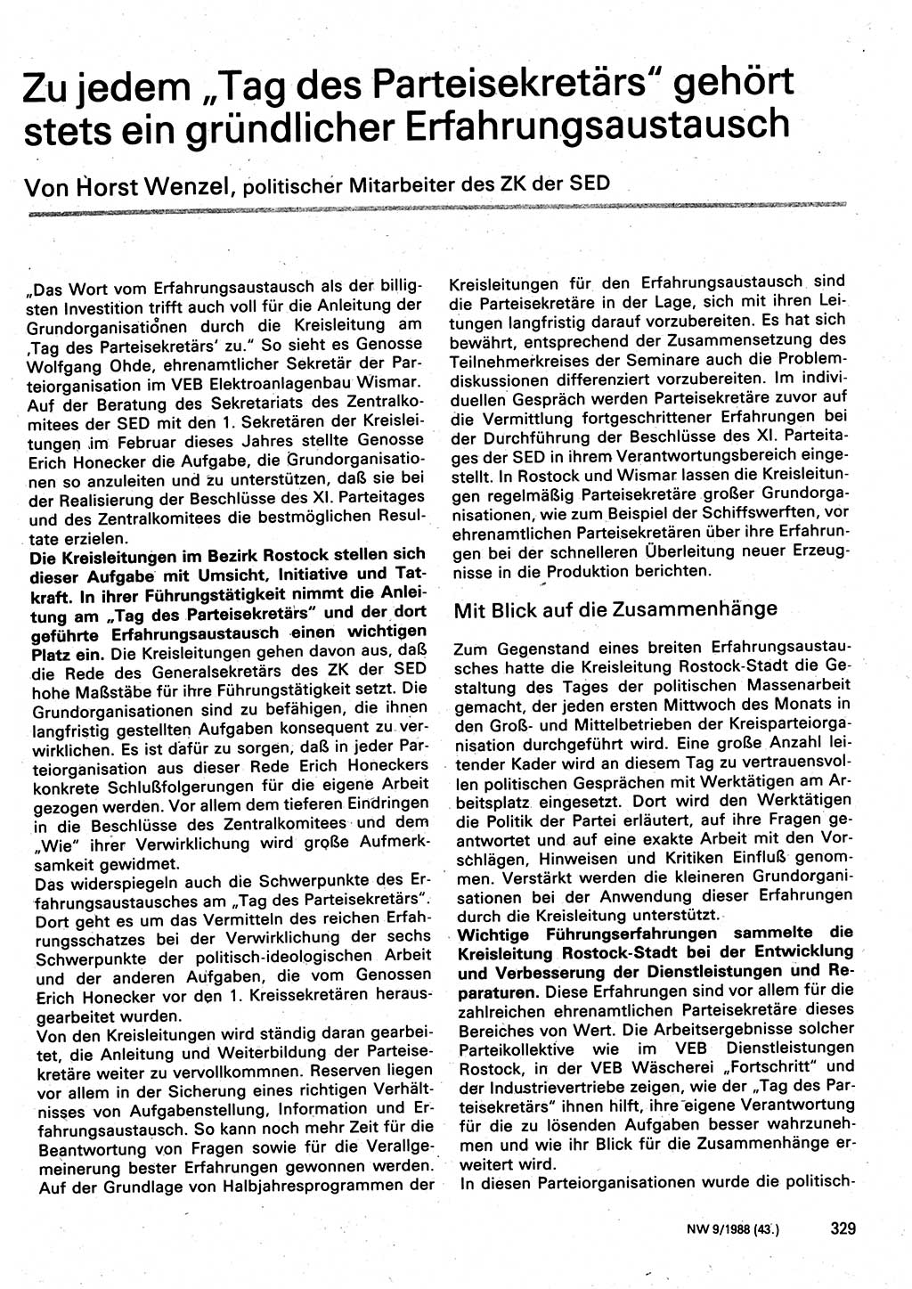 Neuer Weg (NW), Organ des Zentralkomitees (ZK) der SED (Sozialistische Einheitspartei Deutschlands) für Fragen des Parteilebens, 43. Jahrgang [Deutsche Demokratische Republik (DDR)] 1988, Seite 329 (NW ZK SED DDR 1988, S. 329)