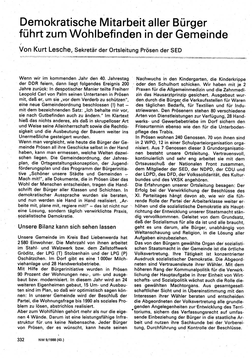 Neuer Weg (NW), Organ des Zentralkomitees (ZK) der SED (Sozialistische Einheitspartei Deutschlands) für Fragen des Parteilebens, 43. Jahrgang [Deutsche Demokratische Republik (DDR)] 1988, Seite 332 (NW ZK SED DDR 1988, S. 332)