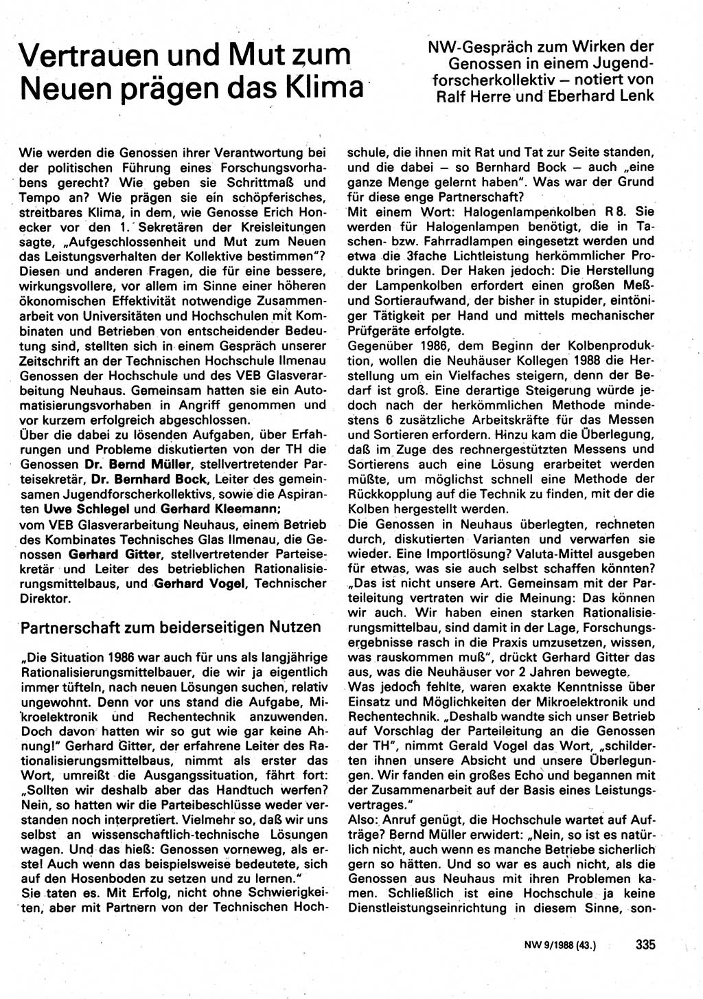 Neuer Weg (NW), Organ des Zentralkomitees (ZK) der SED (Sozialistische Einheitspartei Deutschlands) für Fragen des Parteilebens, 43. Jahrgang [Deutsche Demokratische Republik (DDR)] 1988, Seite 335 (NW ZK SED DDR 1988, S. 335)