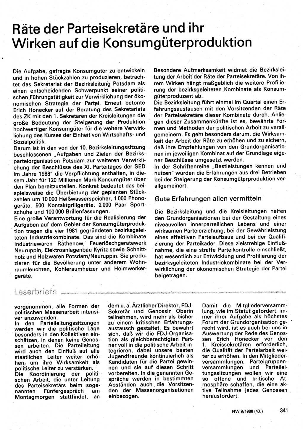 Neuer Weg (NW), Organ des Zentralkomitees (ZK) der SED (Sozialistische Einheitspartei Deutschlands) für Fragen des Parteilebens, 43. Jahrgang [Deutsche Demokratische Republik (DDR)] 1988, Seite 341 (NW ZK SED DDR 1988, S. 341)