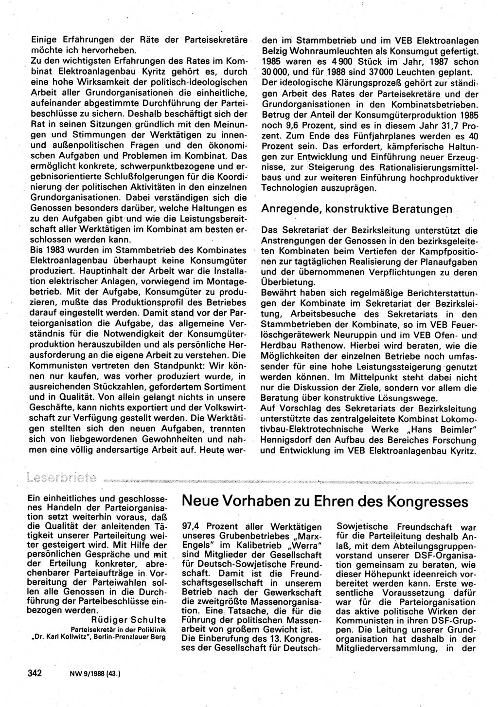 Neuer Weg (NW), Organ des Zentralkomitees (ZK) der SED (Sozialistische Einheitspartei Deutschlands) für Fragen des Parteilebens, 43. Jahrgang [Deutsche Demokratische Republik (DDR)] 1988, Seite 342 (NW ZK SED DDR 1988, S. 342)