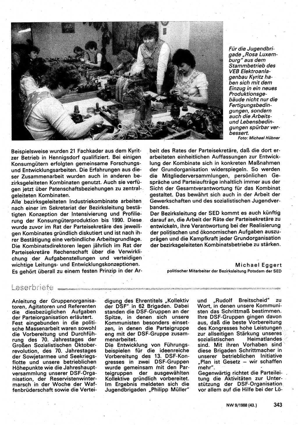 Neuer Weg (NW), Organ des Zentralkomitees (ZK) der SED (Sozialistische Einheitspartei Deutschlands) für Fragen des Parteilebens, 43. Jahrgang [Deutsche Demokratische Republik (DDR)] 1988, Seite 343 (NW ZK SED DDR 1988, S. 343)