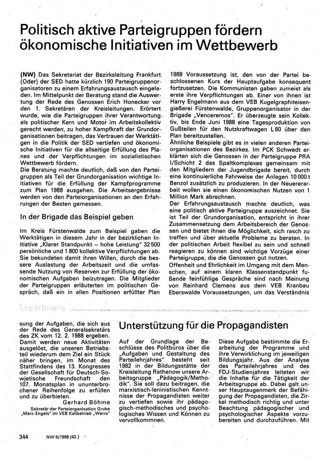 Neuer Weg (NW), Organ des Zentralkomitees (ZK) der SED (Sozialistische Einheitspartei Deutschlands) für Fragen des Parteilebens, 43. Jahrgang [Deutsche Demokratische Republik (DDR)] 1988, Seite 344 (NW ZK SED DDR 1988, S. 344)