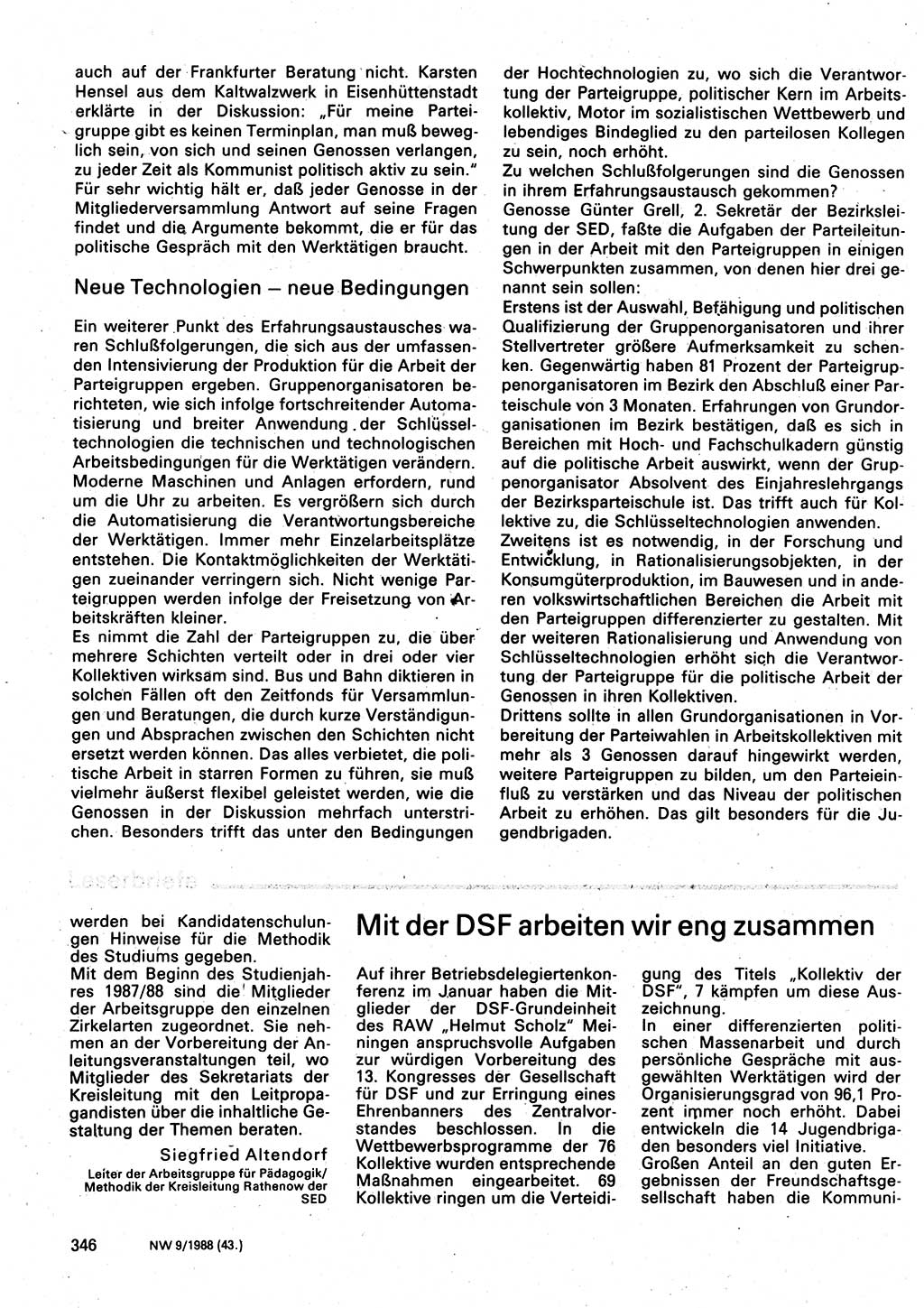 Neuer Weg (NW), Organ des Zentralkomitees (ZK) der SED (Sozialistische Einheitspartei Deutschlands) für Fragen des Parteilebens, 43. Jahrgang [Deutsche Demokratische Republik (DDR)] 1988, Seite 346 (NW ZK SED DDR 1988, S. 346)