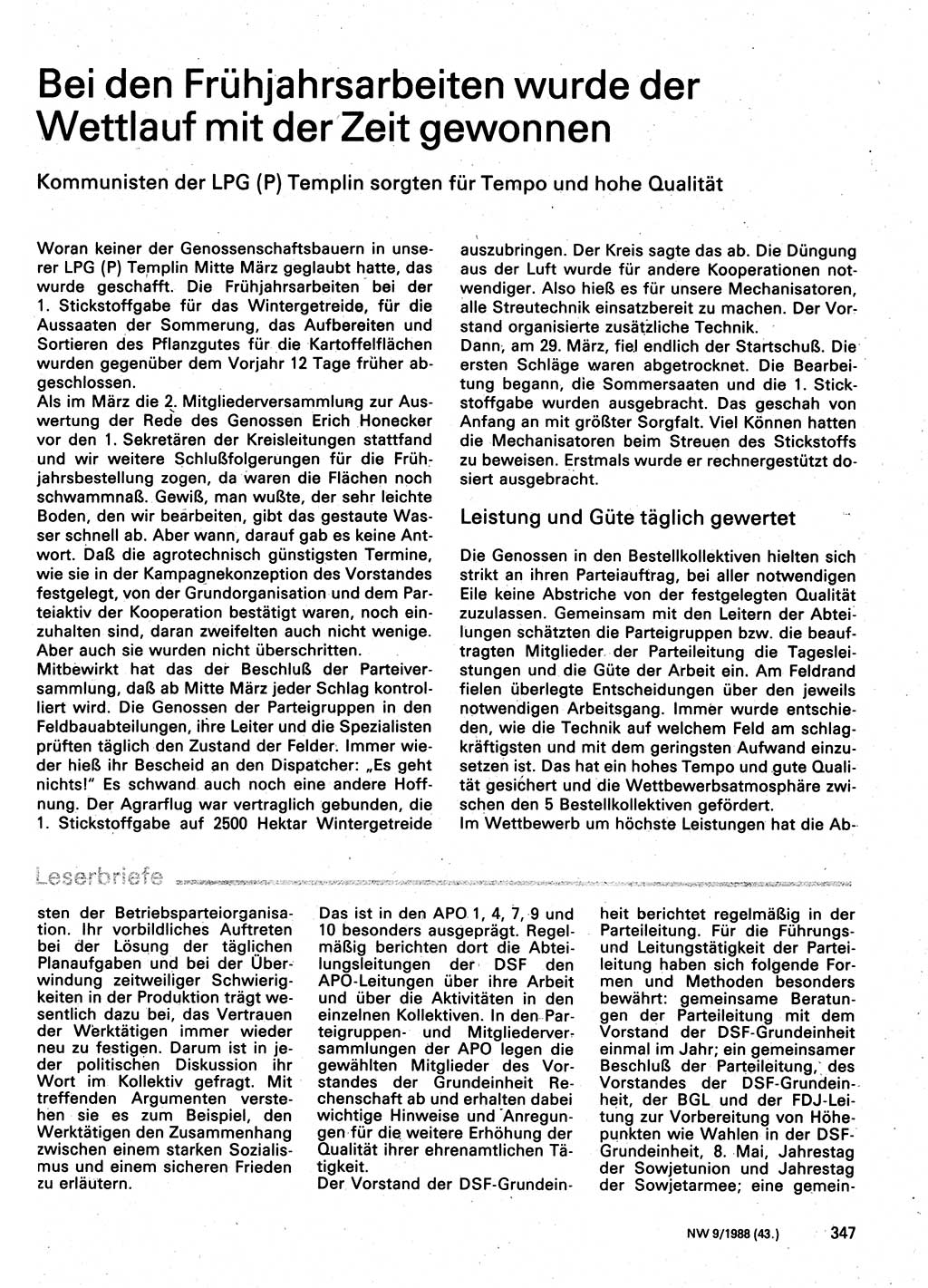 Neuer Weg (NW), Organ des Zentralkomitees (ZK) der SED (Sozialistische Einheitspartei Deutschlands) für Fragen des Parteilebens, 43. Jahrgang [Deutsche Demokratische Republik (DDR)] 1988, Seite 347 (NW ZK SED DDR 1988, S. 347)