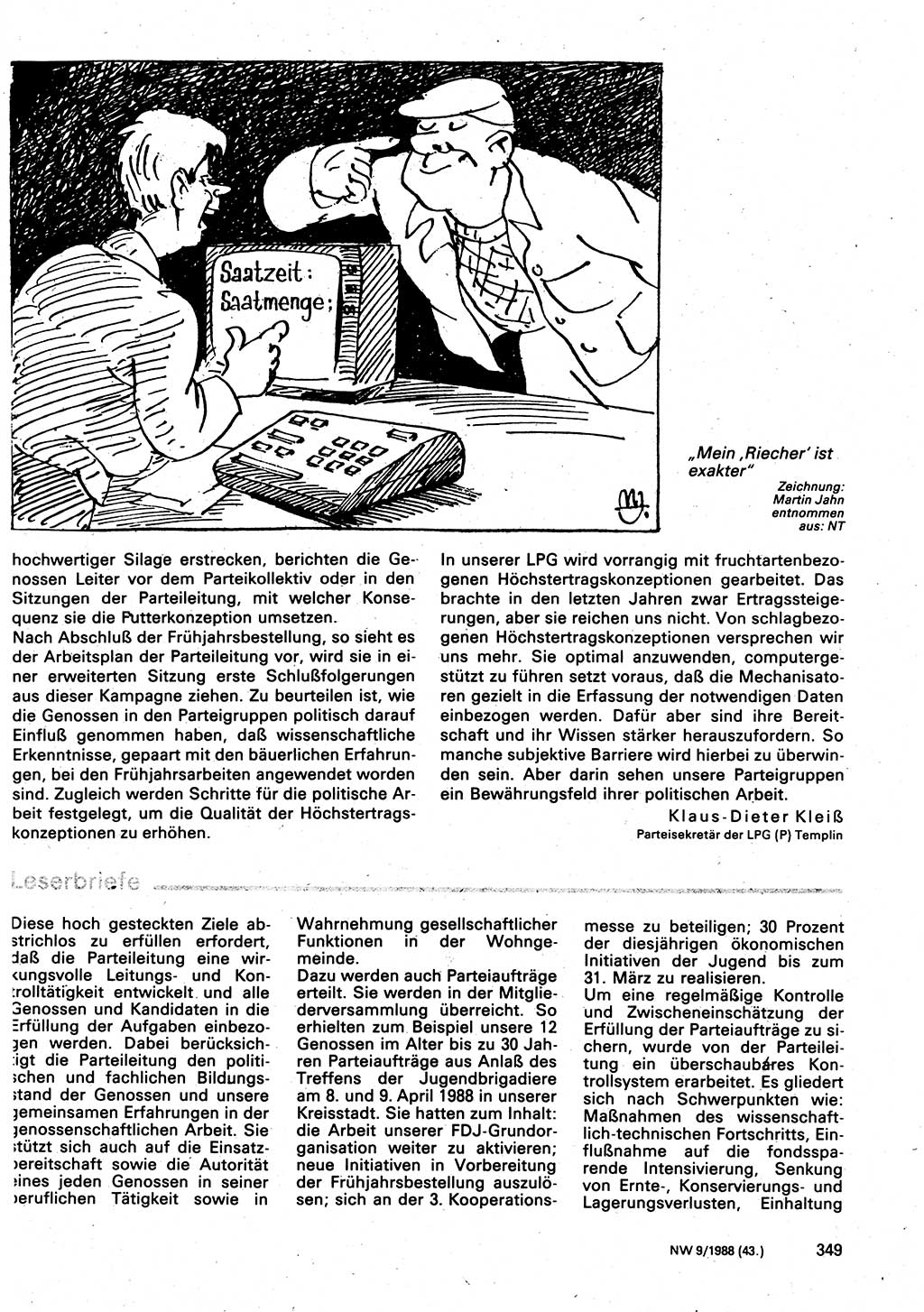 Neuer Weg (NW), Organ des Zentralkomitees (ZK) der SED (Sozialistische Einheitspartei Deutschlands) für Fragen des Parteilebens, 43. Jahrgang [Deutsche Demokratische Republik (DDR)] 1988, Seite 349 (NW ZK SED DDR 1988, S. 349)