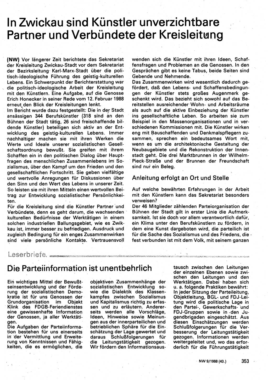 Neuer Weg (NW), Organ des Zentralkomitees (ZK) der SED (Sozialistische Einheitspartei Deutschlands) für Fragen des Parteilebens, 43. Jahrgang [Deutsche Demokratische Republik (DDR)] 1988, Seite 353 (NW ZK SED DDR 1988, S. 353)