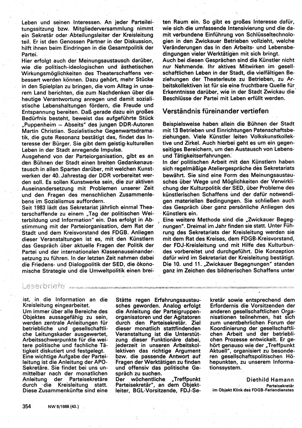 Neuer Weg (NW), Organ des Zentralkomitees (ZK) der SED (Sozialistische Einheitspartei Deutschlands) für Fragen des Parteilebens, 43. Jahrgang [Deutsche Demokratische Republik (DDR)] 1988, Seite 354 (NW ZK SED DDR 1988, S. 354)