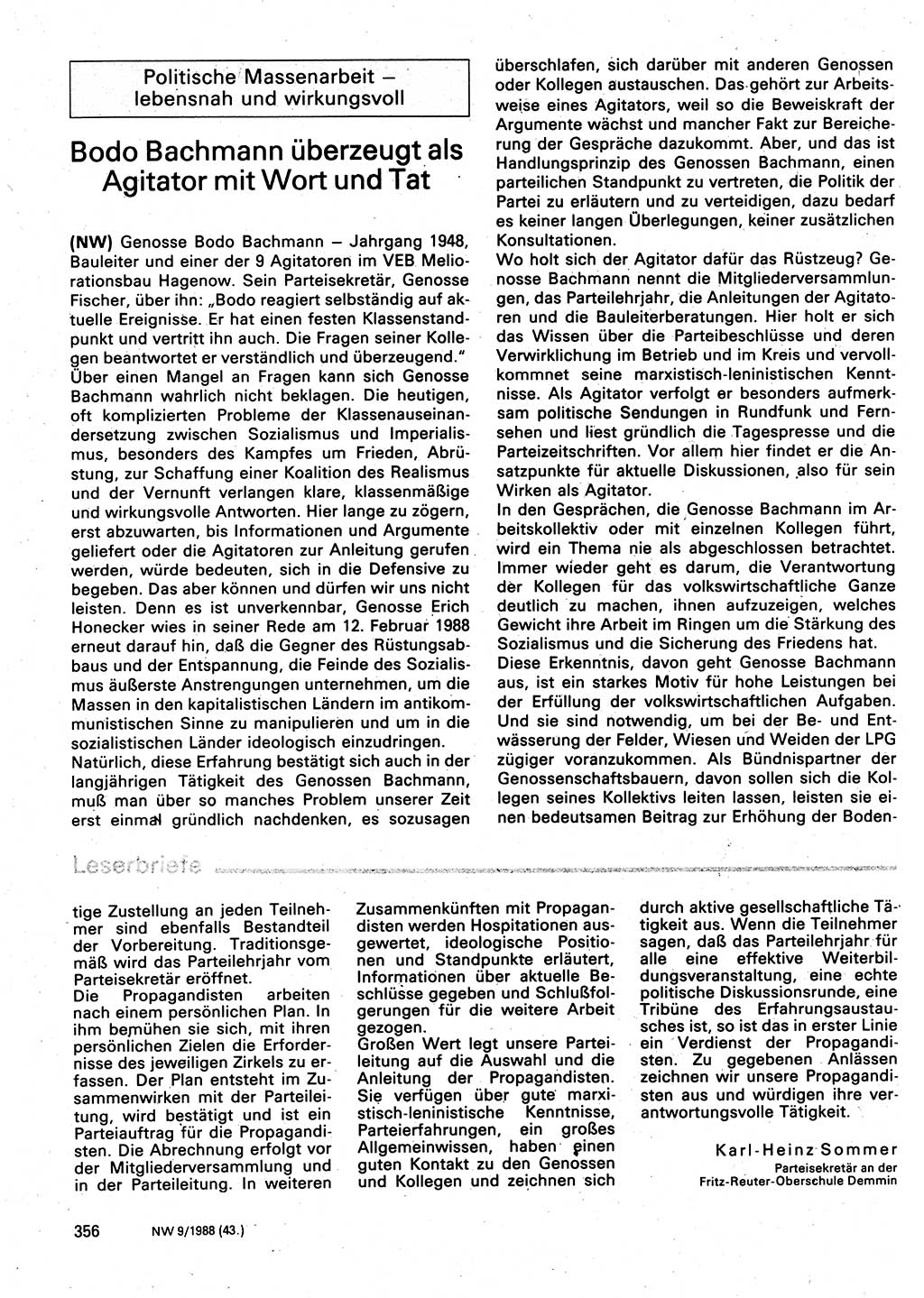 Neuer Weg (NW), Organ des Zentralkomitees (ZK) der SED (Sozialistische Einheitspartei Deutschlands) für Fragen des Parteilebens, 43. Jahrgang [Deutsche Demokratische Republik (DDR)] 1988, Seite 356 (NW ZK SED DDR 1988, S. 356)