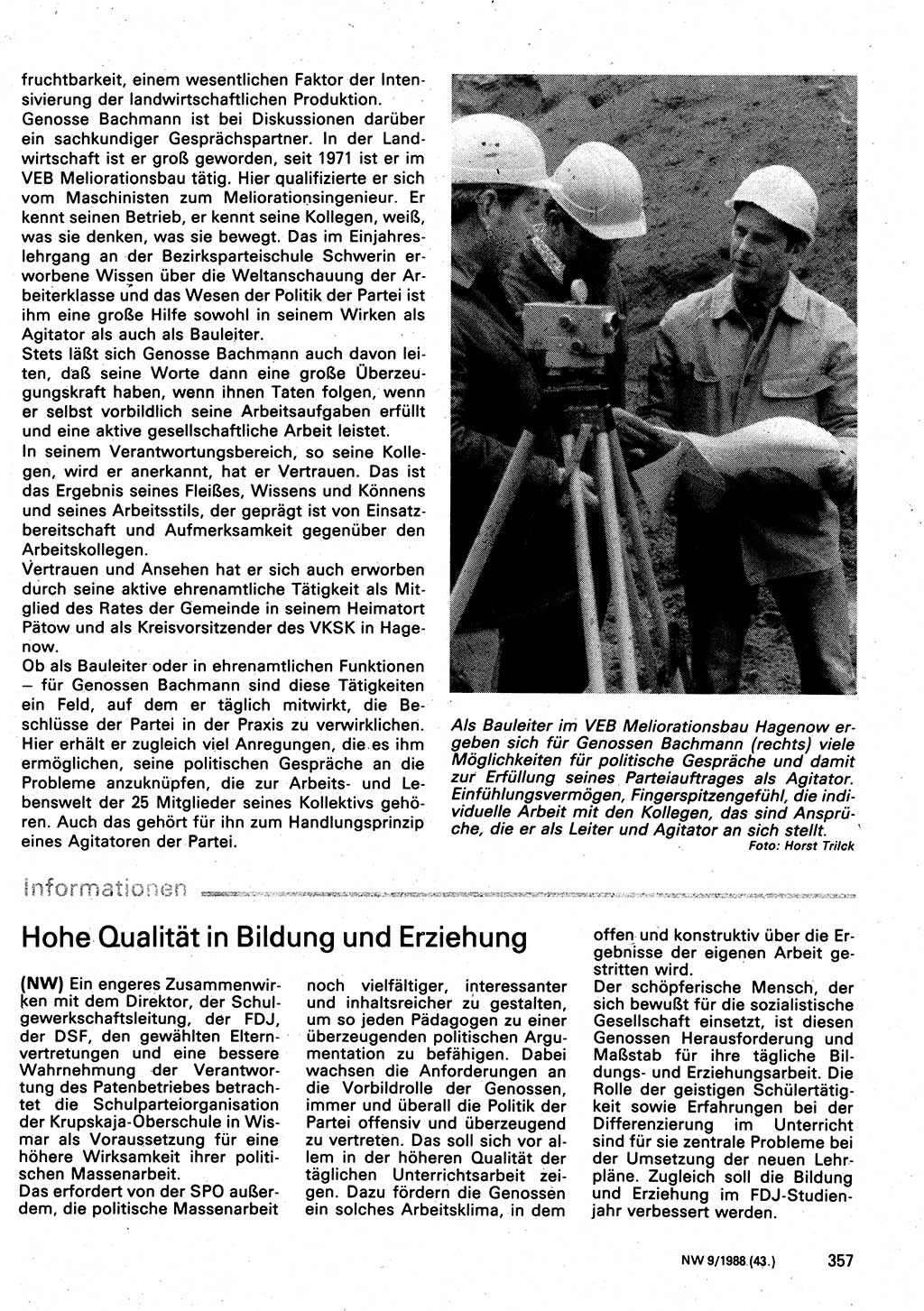Neuer Weg (NW), Organ des Zentralkomitees (ZK) der SED (Sozialistische Einheitspartei Deutschlands) für Fragen des Parteilebens, 43. Jahrgang [Deutsche Demokratische Republik (DDR)] 1988, Seite 357 (NW ZK SED DDR 1988, S. 357)
