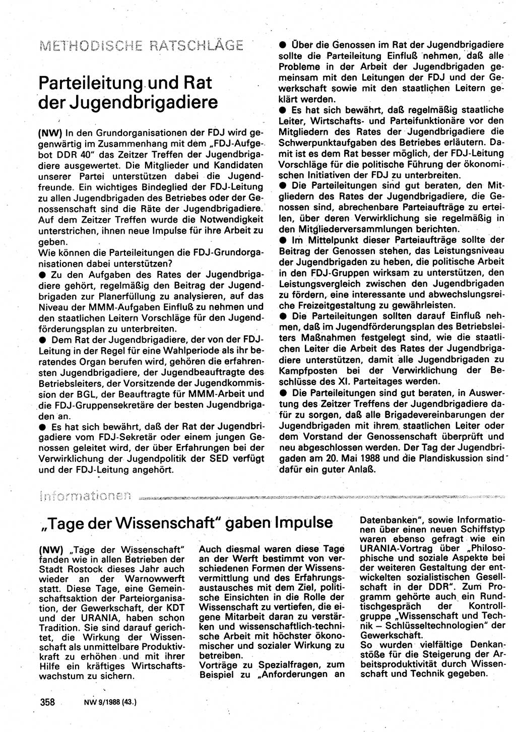 Neuer Weg (NW), Organ des Zentralkomitees (ZK) der SED (Sozialistische Einheitspartei Deutschlands) für Fragen des Parteilebens, 43. Jahrgang [Deutsche Demokratische Republik (DDR)] 1988, Seite 358 (NW ZK SED DDR 1988, S. 358)