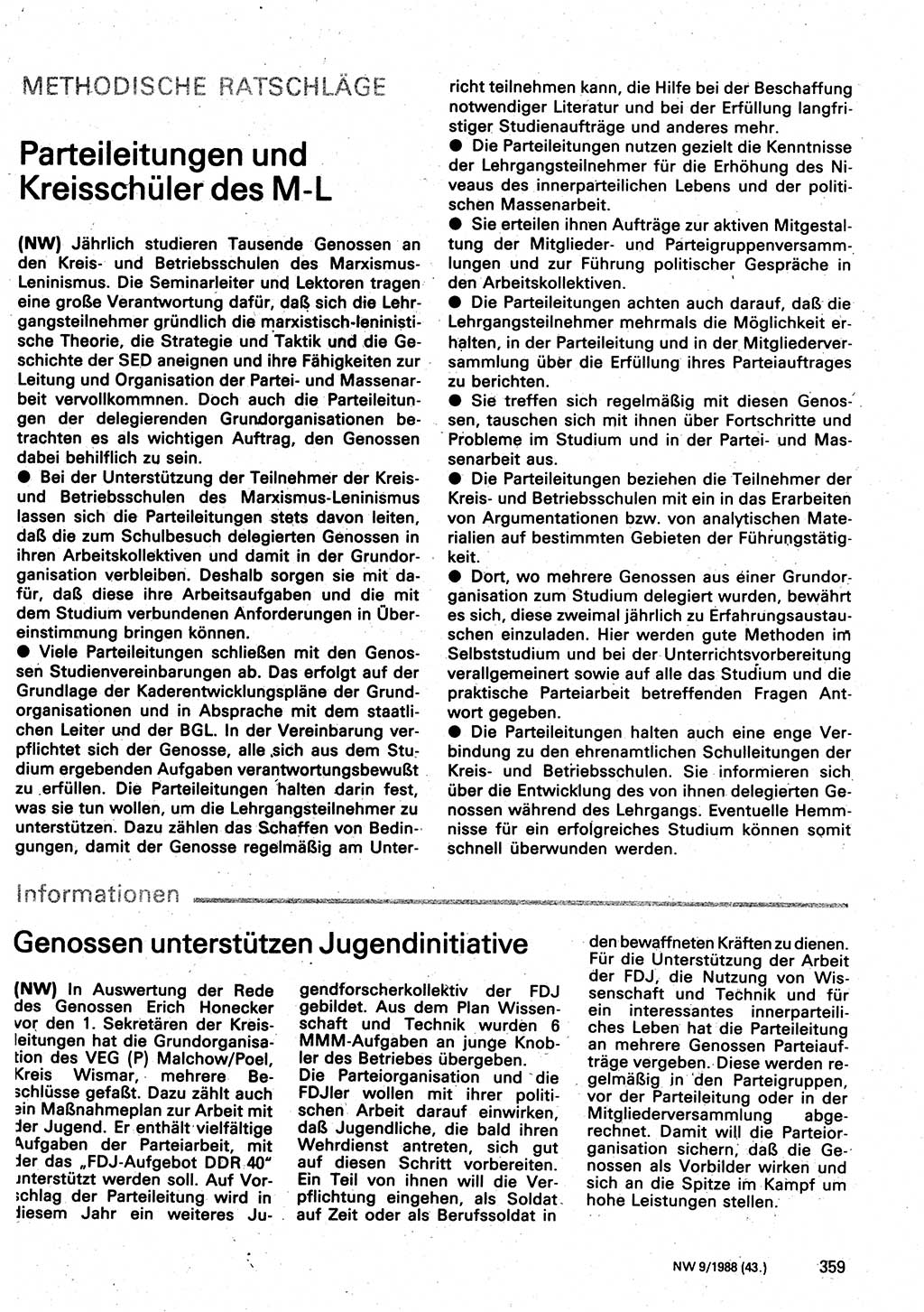 Neuer Weg (NW), Organ des Zentralkomitees (ZK) der SED (Sozialistische Einheitspartei Deutschlands) für Fragen des Parteilebens, 43. Jahrgang [Deutsche Demokratische Republik (DDR)] 1988, Seite 359 (NW ZK SED DDR 1988, S. 359)