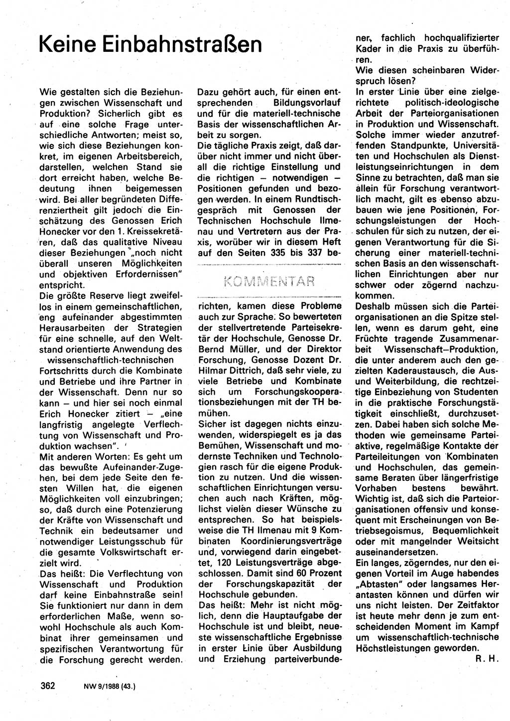 Neuer Weg (NW), Organ des Zentralkomitees (ZK) der SED (Sozialistische Einheitspartei Deutschlands) für Fragen des Parteilebens, 43. Jahrgang [Deutsche Demokratische Republik (DDR)] 1988, Seite 362 (NW ZK SED DDR 1988, S. 362)