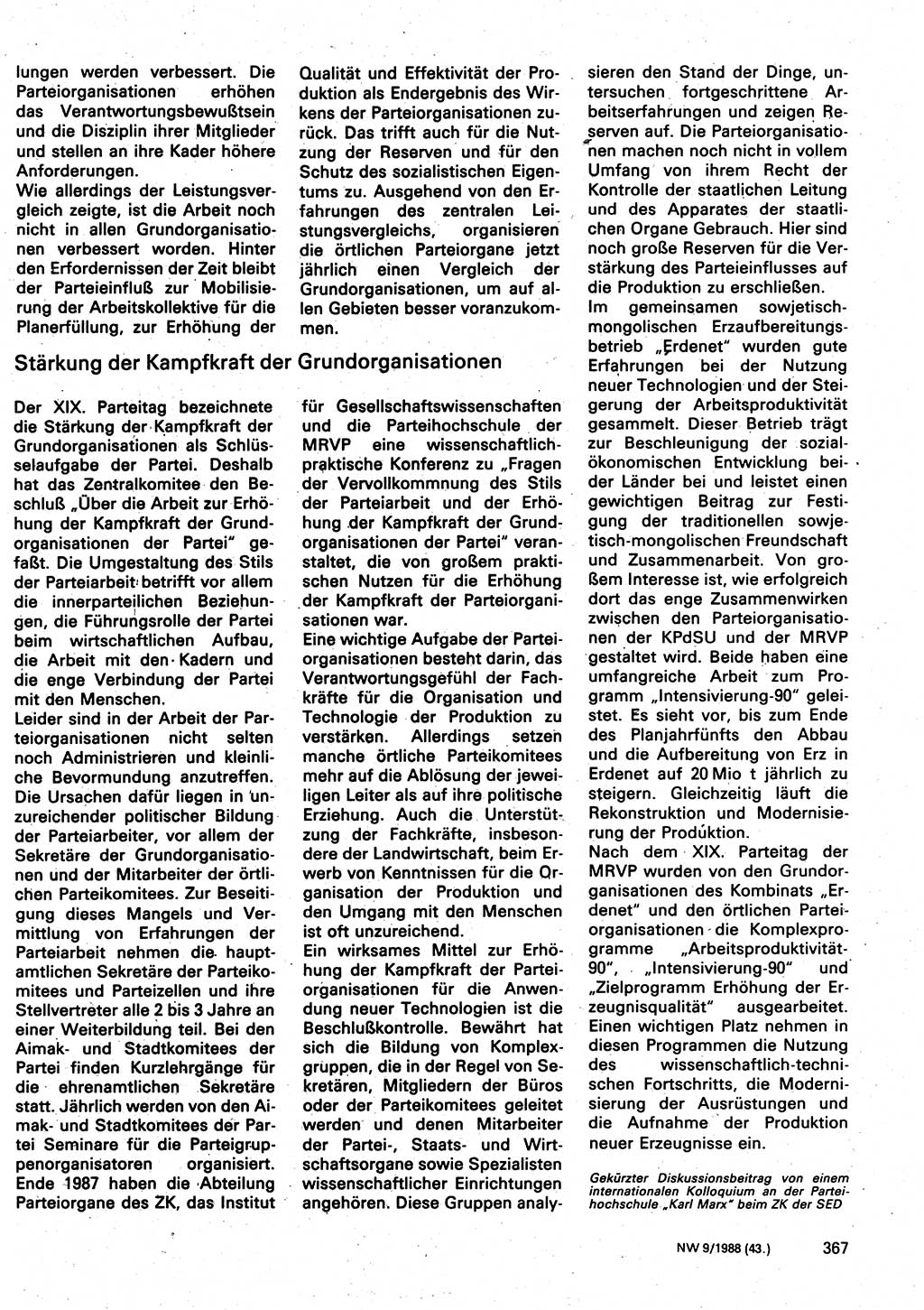 Neuer Weg (NW), Organ des Zentralkomitees (ZK) der SED (Sozialistische Einheitspartei Deutschlands) für Fragen des Parteilebens, 43. Jahrgang [Deutsche Demokratische Republik (DDR)] 1988, Seite 367 (NW ZK SED DDR 1988, S. 367)