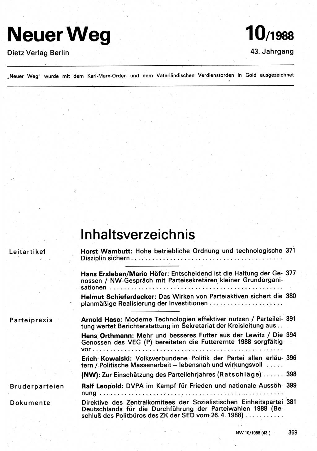 Neuer Weg (NW), Organ des Zentralkomitees (ZK) der SED (Sozialistische Einheitspartei Deutschlands) für Fragen des Parteilebens, 43. Jahrgang [Deutsche Demokratische Republik (DDR)] 1988, Seite 369 (NW ZK SED DDR 1988, S. 369)