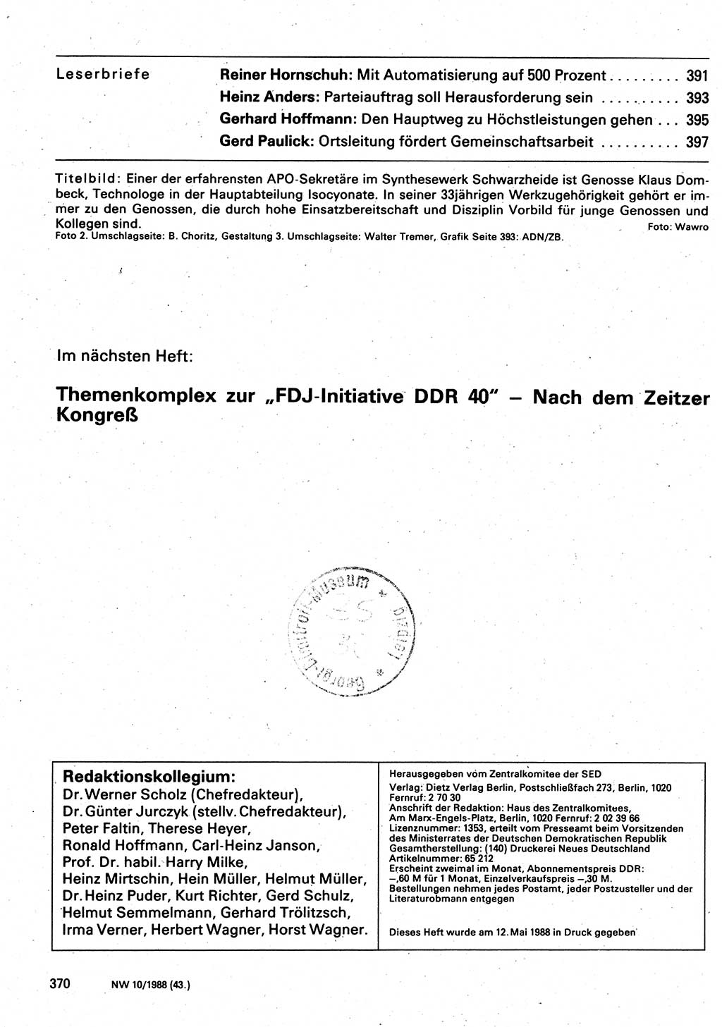 Neuer Weg (NW), Organ des Zentralkomitees (ZK) der SED (Sozialistische Einheitspartei Deutschlands) für Fragen des Parteilebens, 43. Jahrgang [Deutsche Demokratische Republik (DDR)] 1988, Seite 370 (NW ZK SED DDR 1988, S. 370)