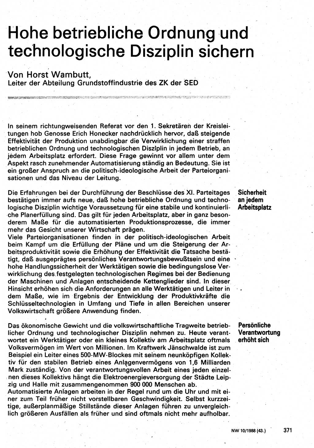 Neuer Weg (NW), Organ des Zentralkomitees (ZK) der SED (Sozialistische Einheitspartei Deutschlands) für Fragen des Parteilebens, 43. Jahrgang [Deutsche Demokratische Republik (DDR)] 1988, Seite 371 (NW ZK SED DDR 1988, S. 371)