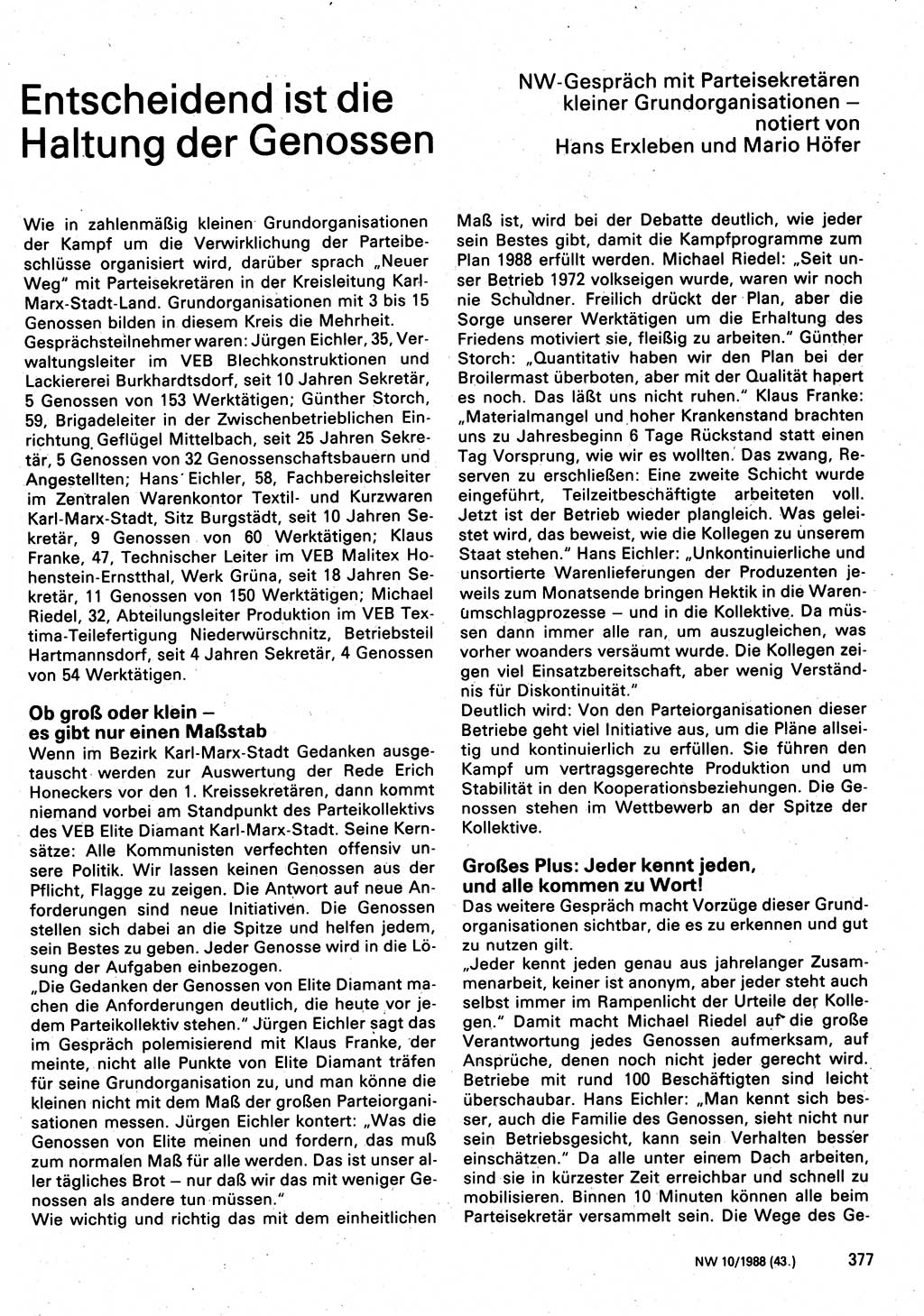 Neuer Weg (NW), Organ des Zentralkomitees (ZK) der SED (Sozialistische Einheitspartei Deutschlands) für Fragen des Parteilebens, 43. Jahrgang [Deutsche Demokratische Republik (DDR)] 1988, Seite 377 (NW ZK SED DDR 1988, S. 377)