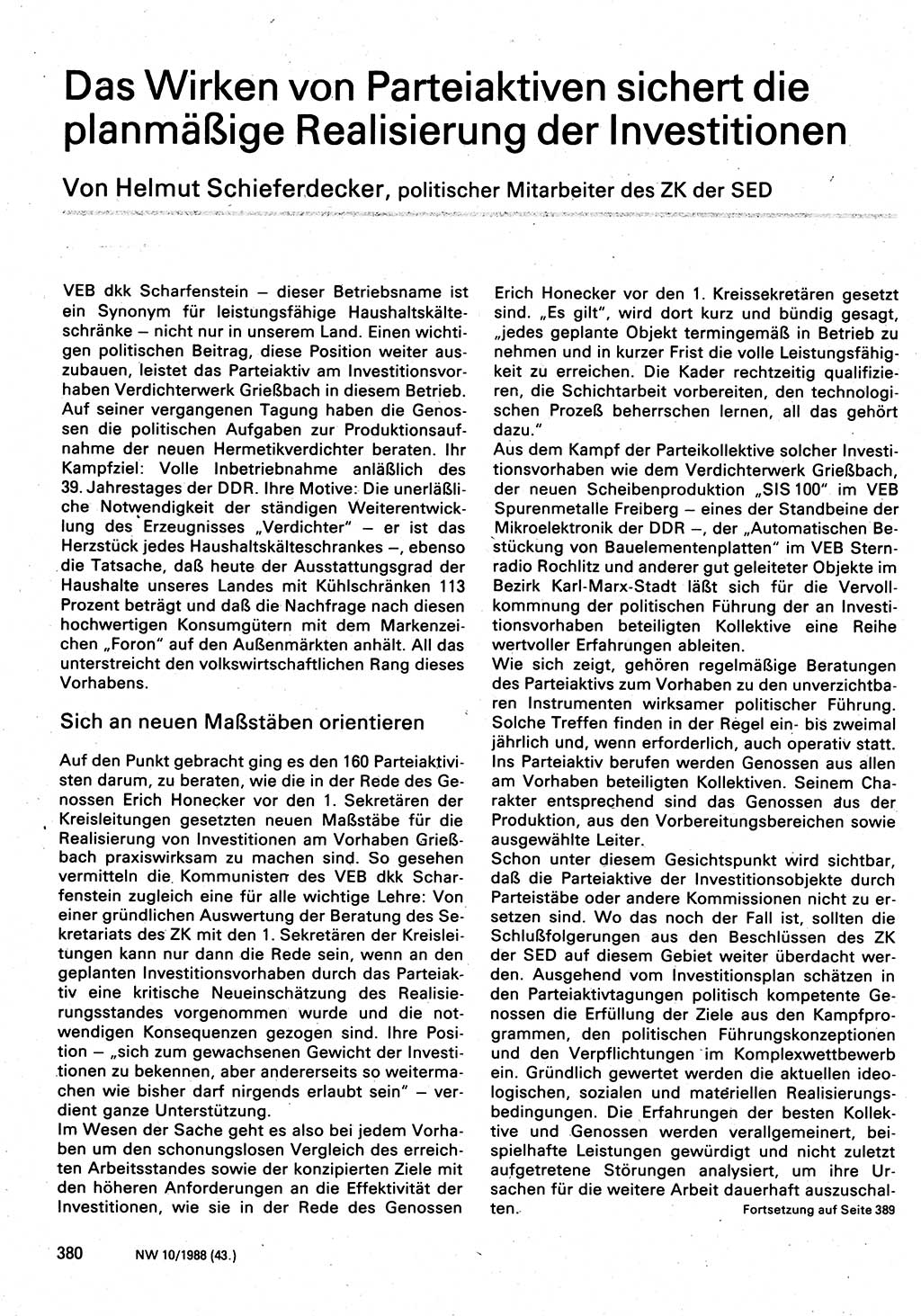 Neuer Weg (NW), Organ des Zentralkomitees (ZK) der SED (Sozialistische Einheitspartei Deutschlands) für Fragen des Parteilebens, 43. Jahrgang [Deutsche Demokratische Republik (DDR)] 1988, Seite 380 (NW ZK SED DDR 1988, S. 380)