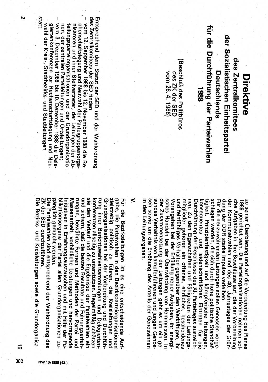 Neuer Weg (NW), Organ des Zentralkomitees (ZK) der SED (Sozialistische Einheitspartei Deutschlands) für Fragen des Parteilebens, 43. Jahrgang [Deutsche Demokratische Republik (DDR)] 1988, Seite 382 (NW ZK SED DDR 1988, S. 382)