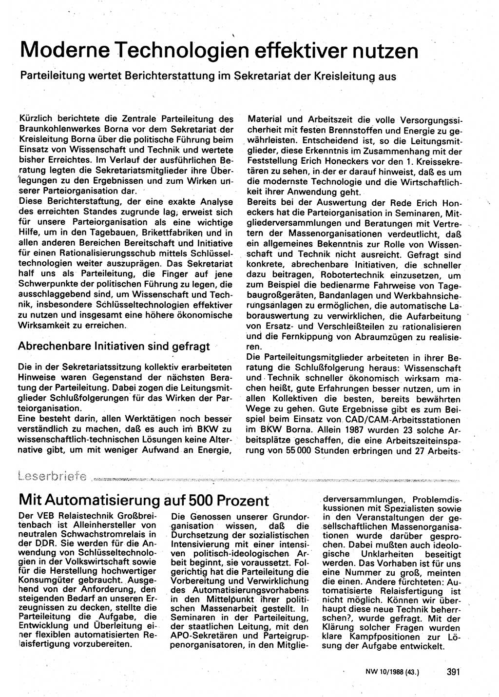 Neuer Weg (NW), Organ des Zentralkomitees (ZK) der SED (Sozialistische Einheitspartei Deutschlands) für Fragen des Parteilebens, 43. Jahrgang [Deutsche Demokratische Republik (DDR)] 1988, Seite 391 (NW ZK SED DDR 1988, S. 391)