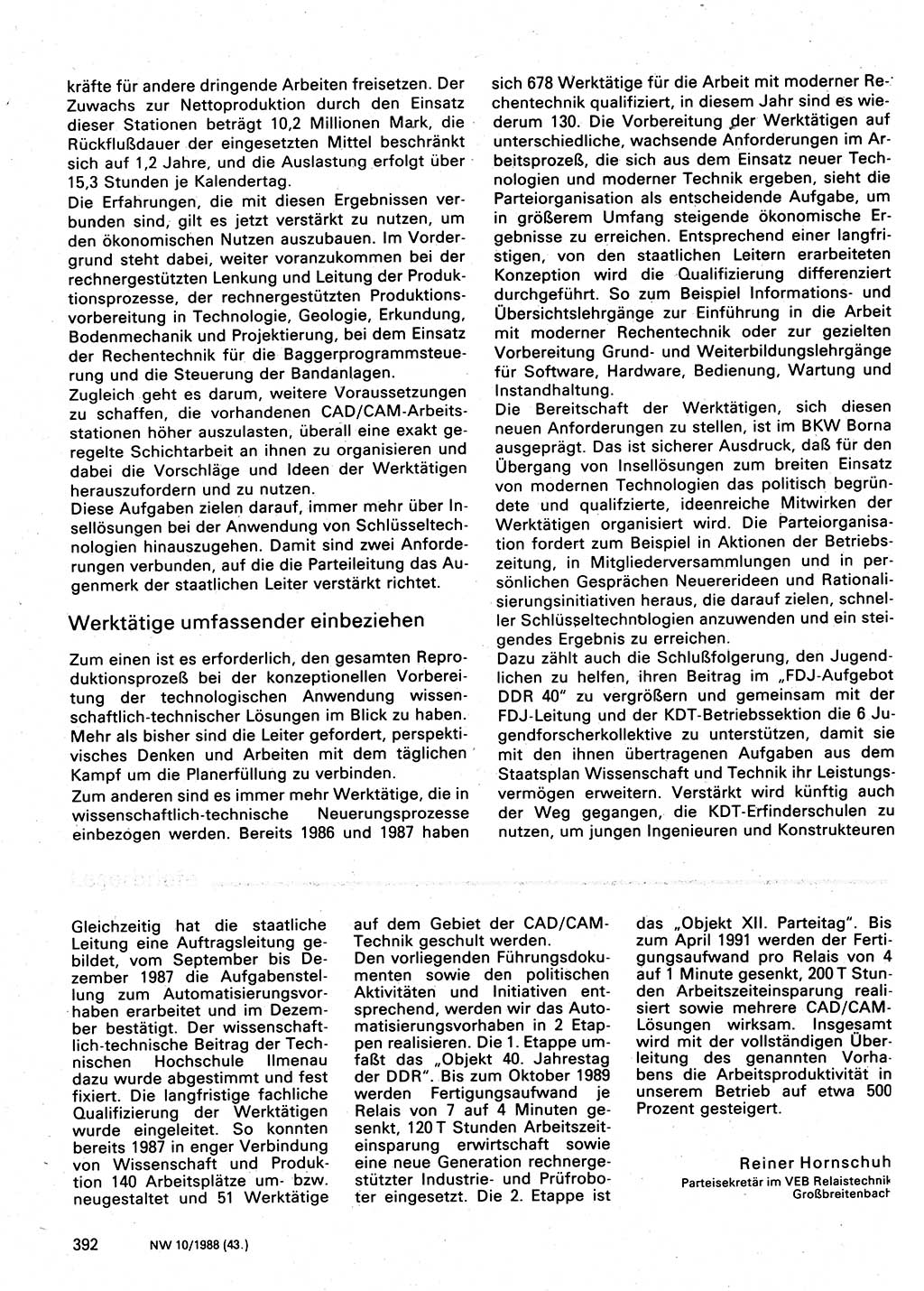 Neuer Weg (NW), Organ des Zentralkomitees (ZK) der SED (Sozialistische Einheitspartei Deutschlands) für Fragen des Parteilebens, 43. Jahrgang [Deutsche Demokratische Republik (DDR)] 1988, Seite 392 (NW ZK SED DDR 1988, S. 392)
