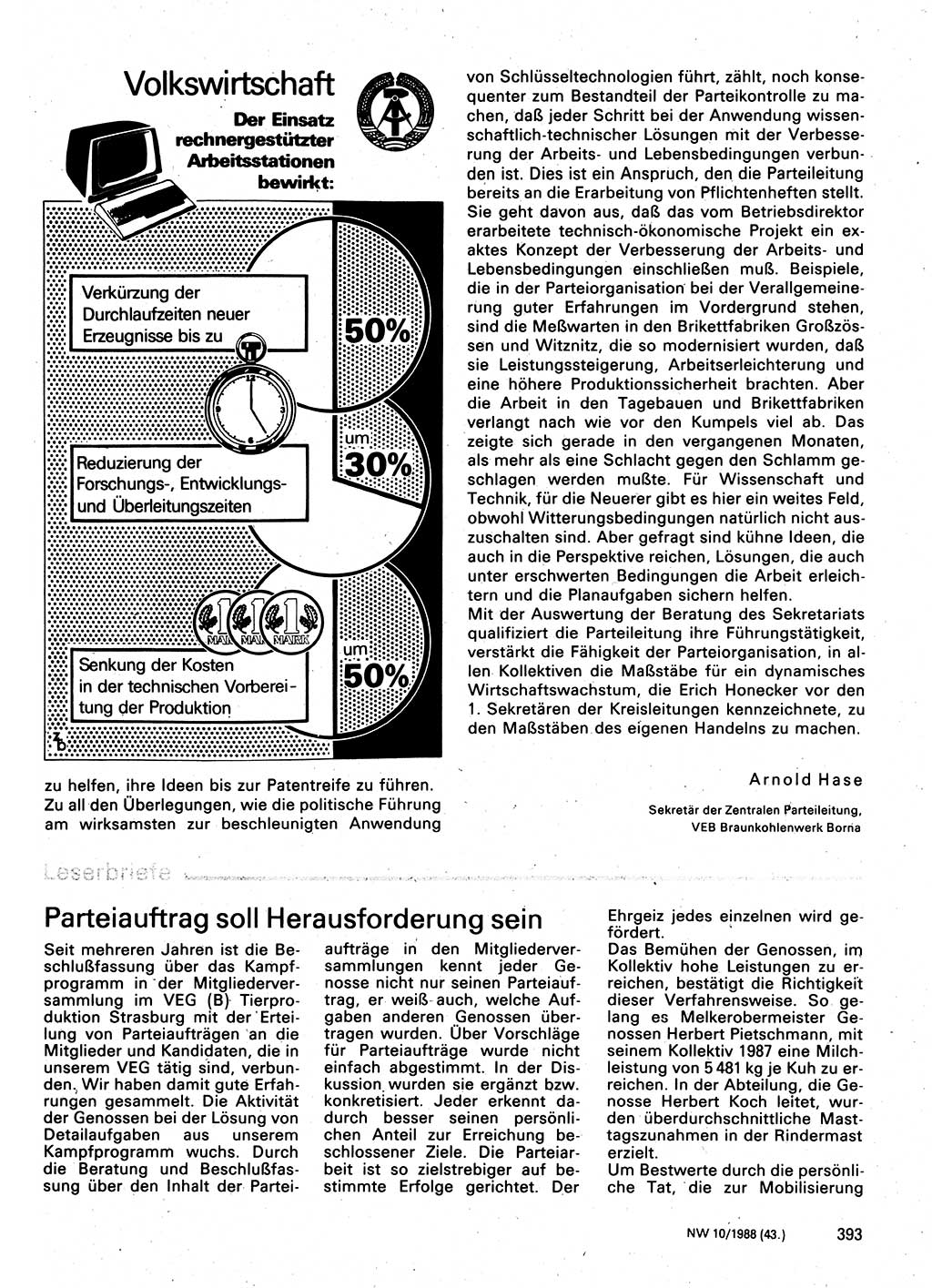 Neuer Weg (NW), Organ des Zentralkomitees (ZK) der SED (Sozialistische Einheitspartei Deutschlands) für Fragen des Parteilebens, 43. Jahrgang [Deutsche Demokratische Republik (DDR)] 1988, Seite 393 (NW ZK SED DDR 1988, S. 393)