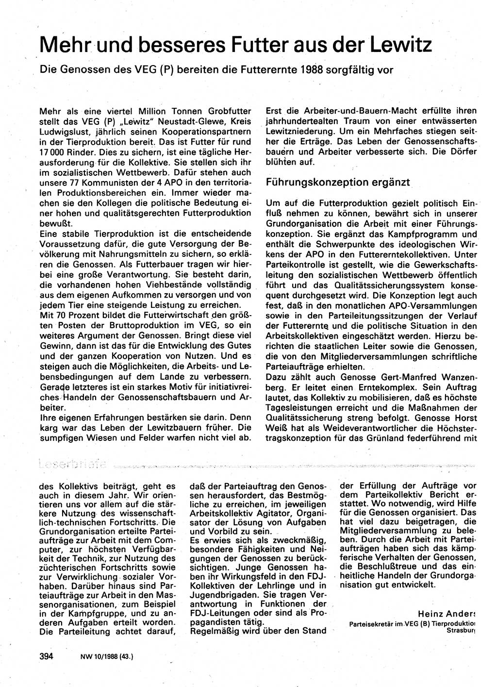 Neuer Weg (NW), Organ des Zentralkomitees (ZK) der SED (Sozialistische Einheitspartei Deutschlands) für Fragen des Parteilebens, 43. Jahrgang [Deutsche Demokratische Republik (DDR)] 1988, Seite 394 (NW ZK SED DDR 1988, S. 394)