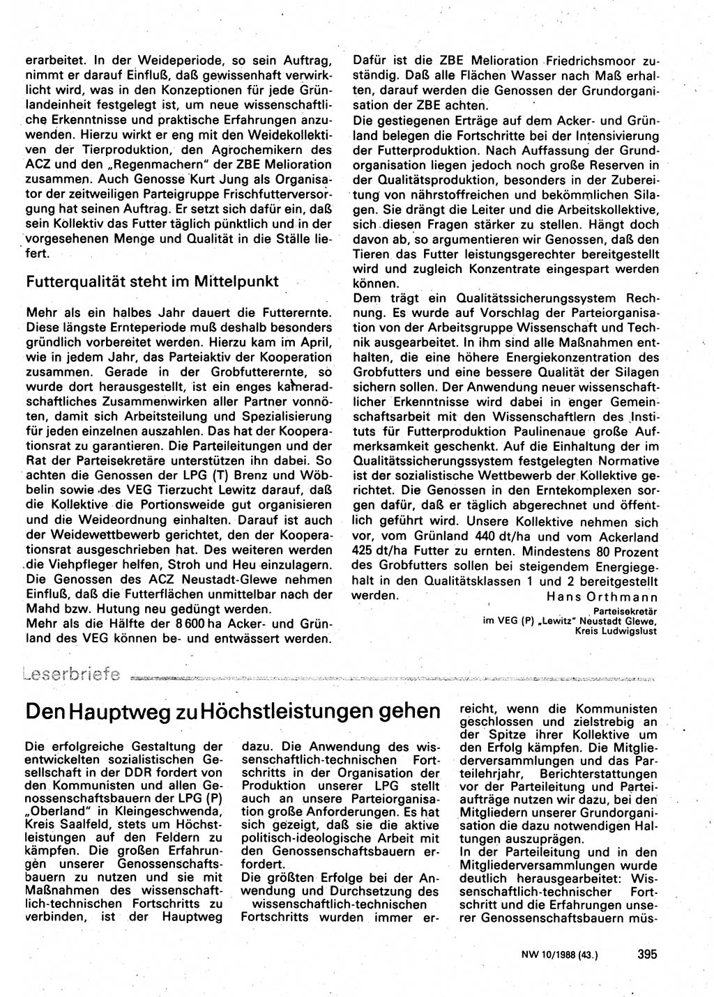 Neuer Weg (NW), Organ des Zentralkomitees (ZK) der SED (Sozialistische Einheitspartei Deutschlands) für Fragen des Parteilebens, 43. Jahrgang [Deutsche Demokratische Republik (DDR)] 1988, Seite 395 (NW ZK SED DDR 1988, S. 395)