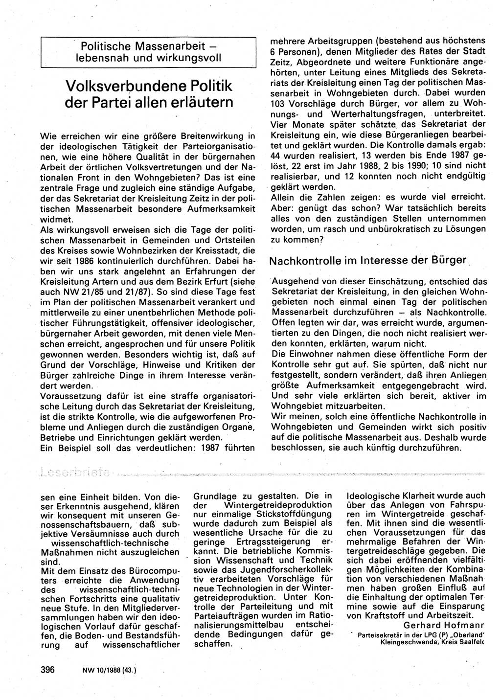 Neuer Weg (NW), Organ des Zentralkomitees (ZK) der SED (Sozialistische Einheitspartei Deutschlands) für Fragen des Parteilebens, 43. Jahrgang [Deutsche Demokratische Republik (DDR)] 1988, Seite 396 (NW ZK SED DDR 1988, S. 396)