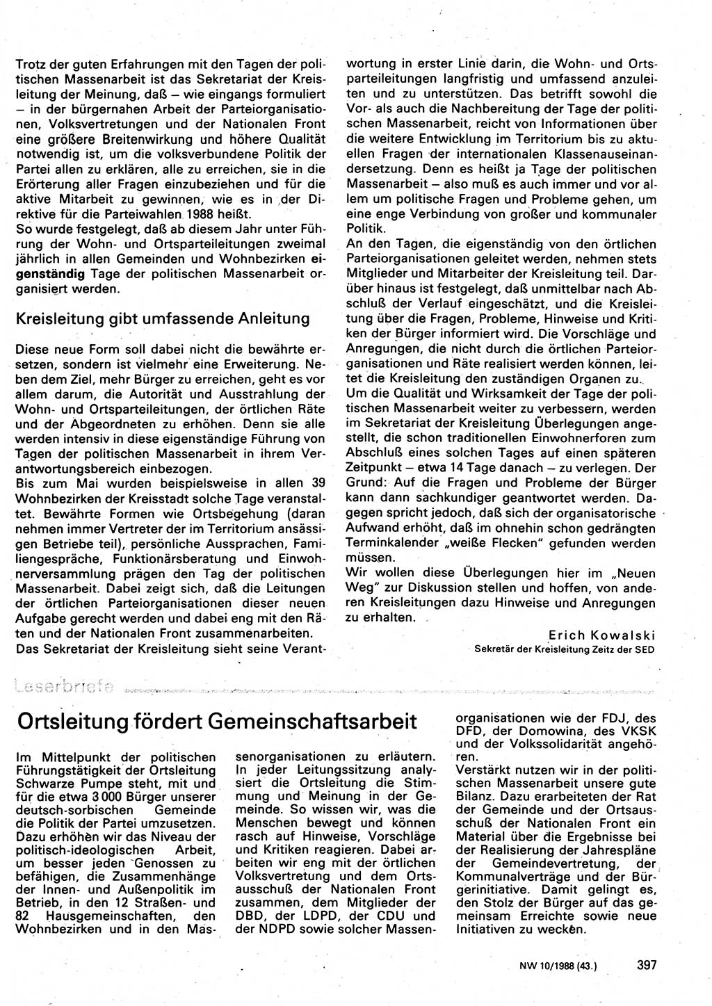 Neuer Weg (NW), Organ des Zentralkomitees (ZK) der SED (Sozialistische Einheitspartei Deutschlands) für Fragen des Parteilebens, 43. Jahrgang [Deutsche Demokratische Republik (DDR)] 1988, Seite 397 (NW ZK SED DDR 1988, S. 397)