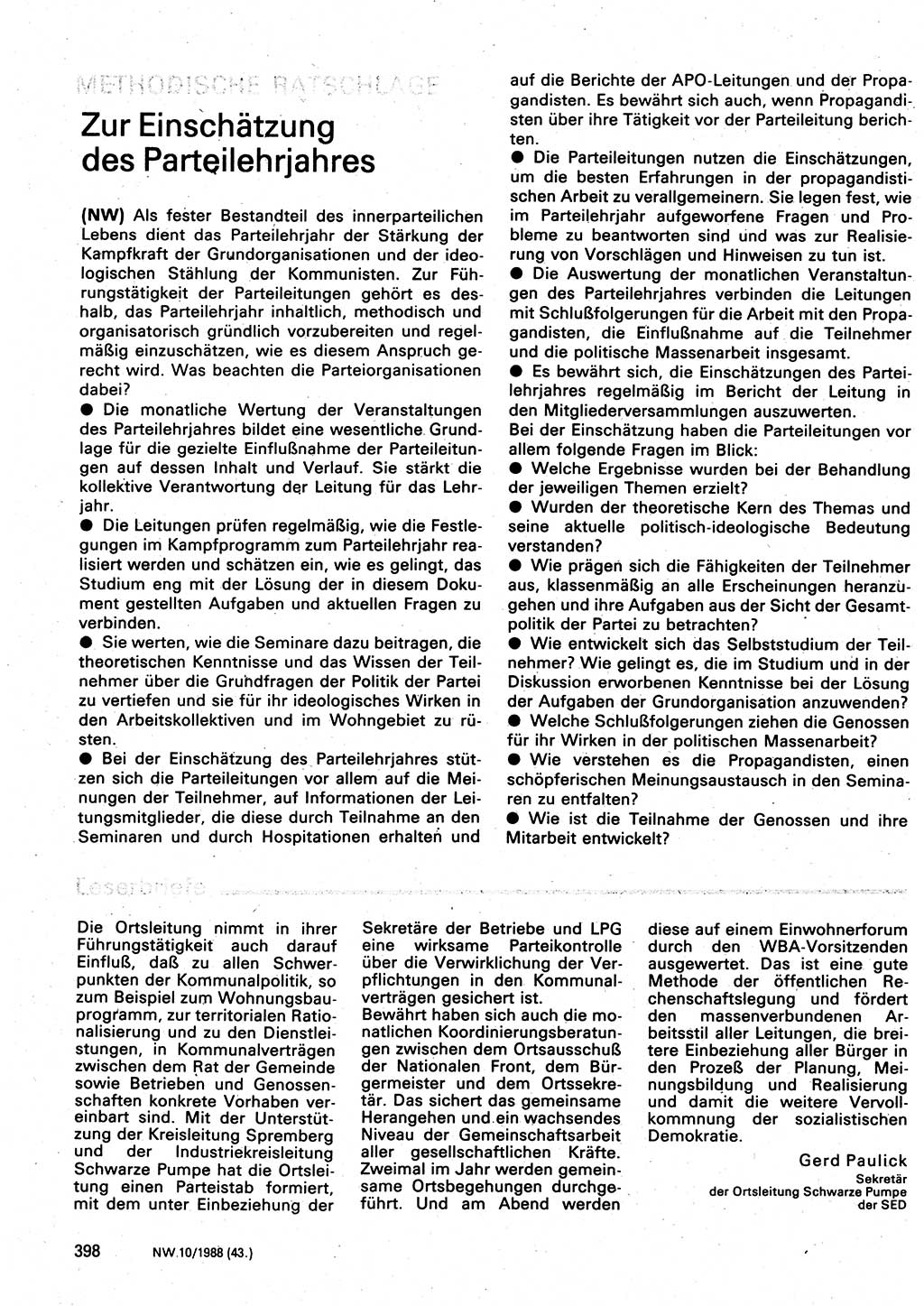 Neuer Weg (NW), Organ des Zentralkomitees (ZK) der SED (Sozialistische Einheitspartei Deutschlands) für Fragen des Parteilebens, 43. Jahrgang [Deutsche Demokratische Republik (DDR)] 1988, Seite 398 (NW ZK SED DDR 1988, S. 398)