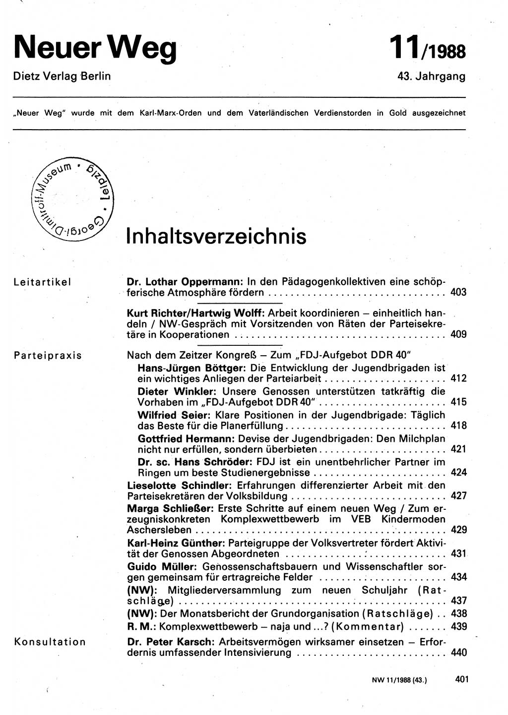 Neuer Weg (NW), Organ des Zentralkomitees (ZK) der SED (Sozialistische Einheitspartei Deutschlands) für Fragen des Parteilebens, 43. Jahrgang [Deutsche Demokratische Republik (DDR)] 1988, Seite 401 (NW ZK SED DDR 1988, S. 401)