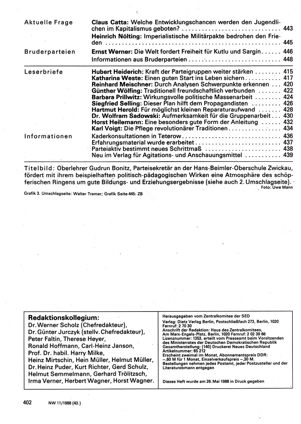 Neuer Weg (NW), Organ des Zentralkomitees (ZK) der SED (Sozialistische Einheitspartei Deutschlands) für Fragen des Parteilebens, 43. Jahrgang [Deutsche Demokratische Republik (DDR)] 1988, Seite 402 (NW ZK SED DDR 1988, S. 402)