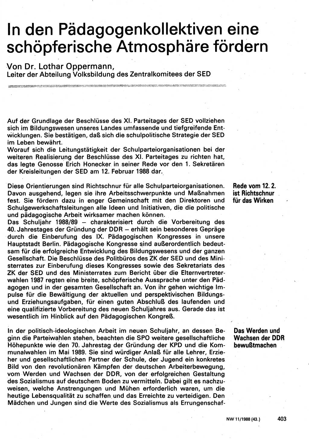 Neuer Weg (NW), Organ des Zentralkomitees (ZK) der SED (Sozialistische Einheitspartei Deutschlands) für Fragen des Parteilebens, 43. Jahrgang [Deutsche Demokratische Republik (DDR)] 1988, Seite 403 (NW ZK SED DDR 1988, S. 403)