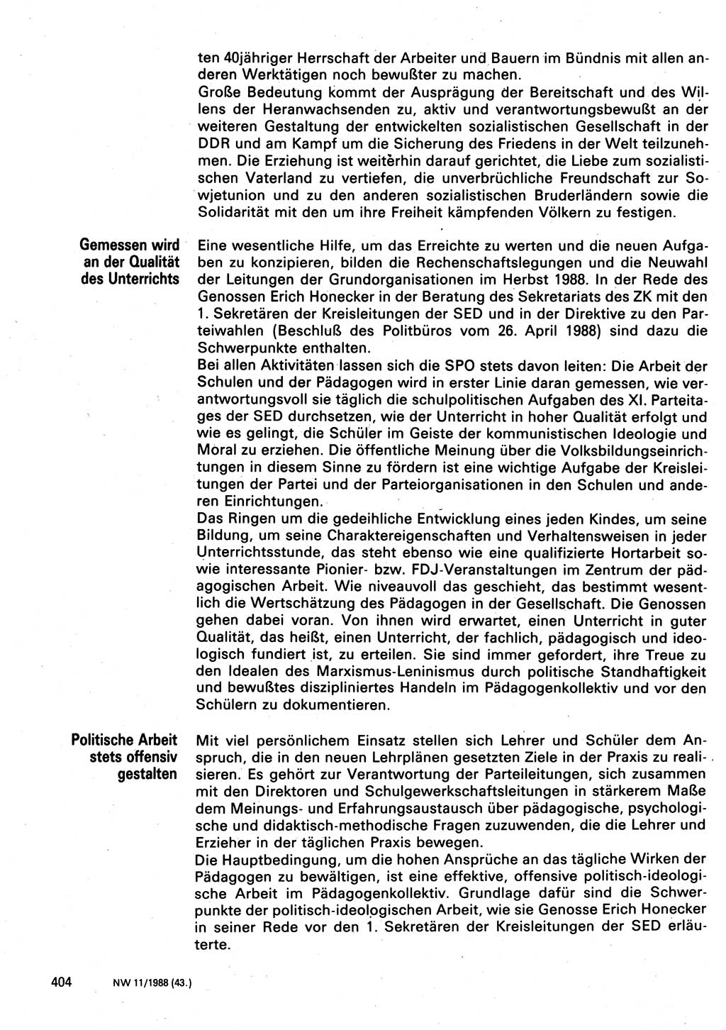 Neuer Weg (NW), Organ des Zentralkomitees (ZK) der SED (Sozialistische Einheitspartei Deutschlands) für Fragen des Parteilebens, 43. Jahrgang [Deutsche Demokratische Republik (DDR)] 1988, Seite 404 (NW ZK SED DDR 1988, S. 404)