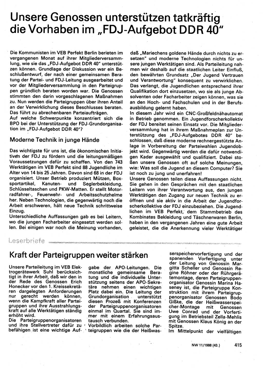Neuer Weg (NW), Organ des Zentralkomitees (ZK) der SED (Sozialistische Einheitspartei Deutschlands) für Fragen des Parteilebens, 43. Jahrgang [Deutsche Demokratische Republik (DDR)] 1988, Seite 415 (NW ZK SED DDR 1988, S. 415)