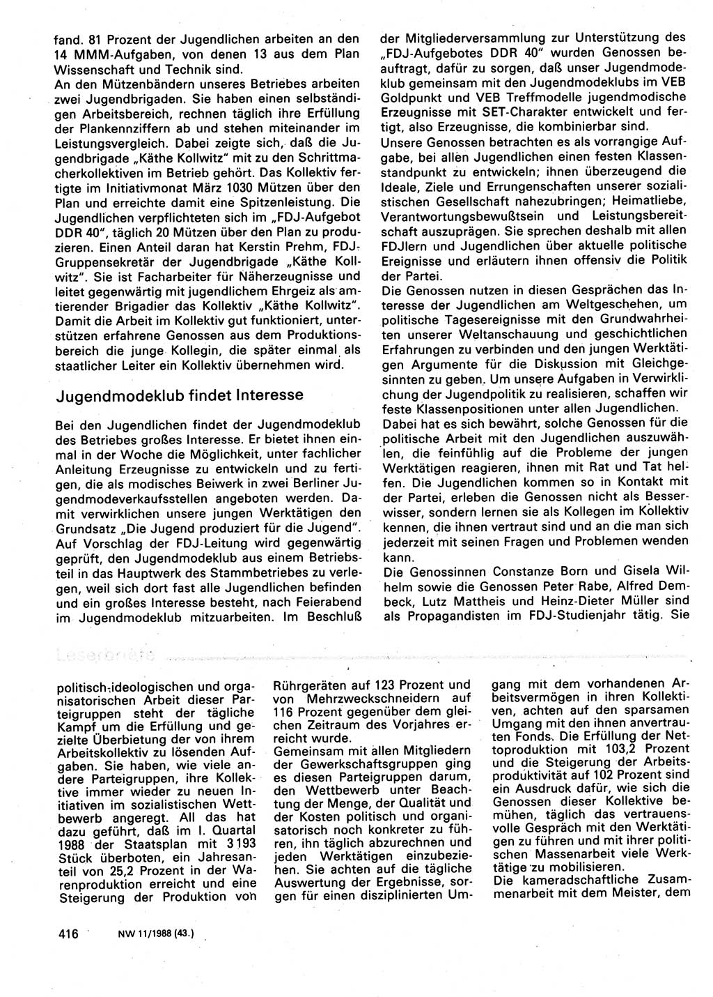 Neuer Weg (NW), Organ des Zentralkomitees (ZK) der SED (Sozialistische Einheitspartei Deutschlands) für Fragen des Parteilebens, 43. Jahrgang [Deutsche Demokratische Republik (DDR)] 1988, Seite 416 (NW ZK SED DDR 1988, S. 416)