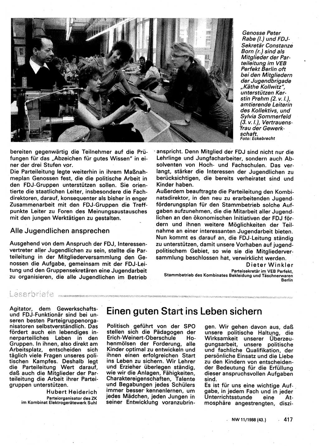 Neuer Weg (NW), Organ des Zentralkomitees (ZK) der SED (Sozialistische Einheitspartei Deutschlands) für Fragen des Parteilebens, 43. Jahrgang [Deutsche Demokratische Republik (DDR)] 1988, Seite 417 (NW ZK SED DDR 1988, S. 417)