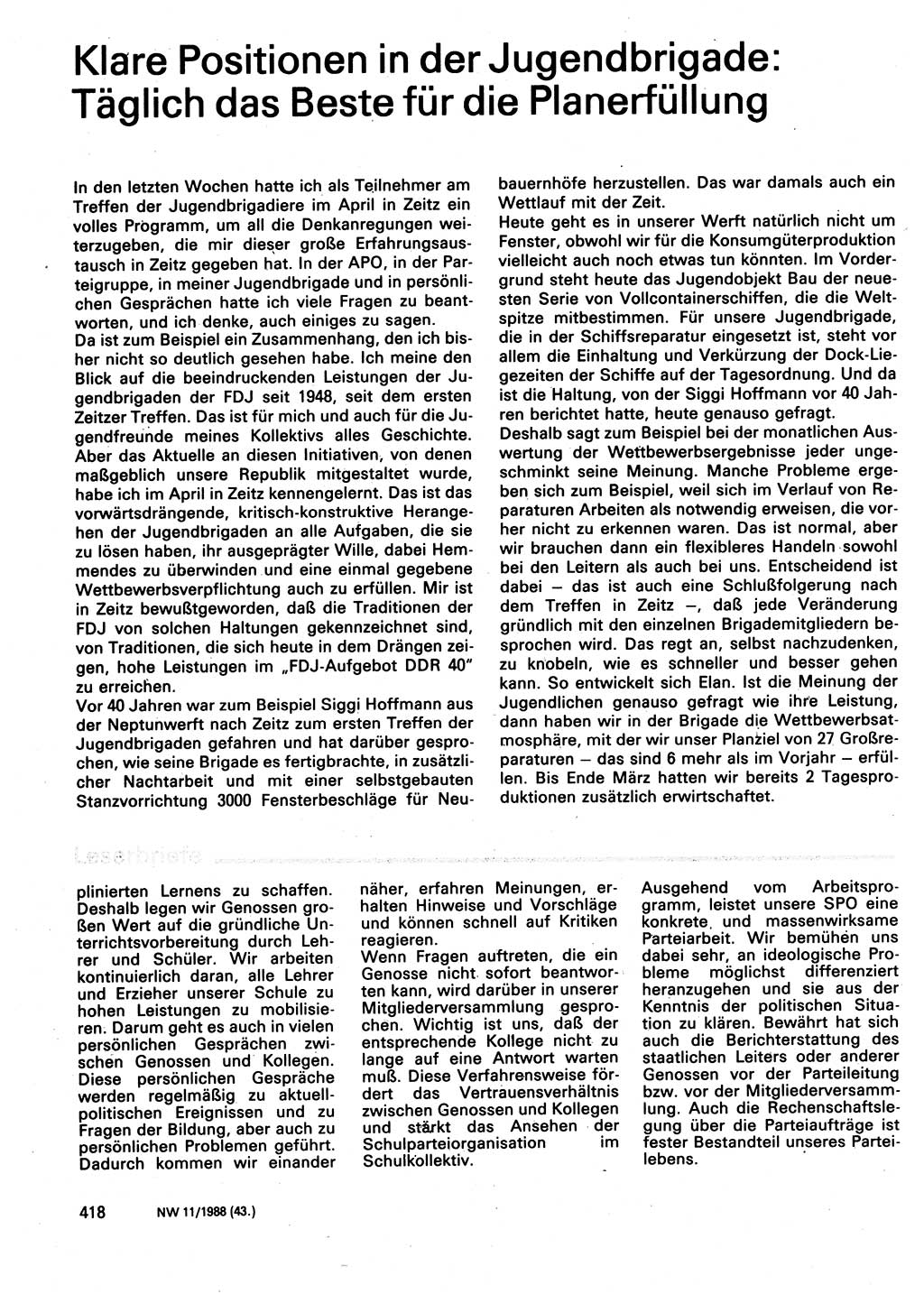 Neuer Weg (NW), Organ des Zentralkomitees (ZK) der SED (Sozialistische Einheitspartei Deutschlands) für Fragen des Parteilebens, 43. Jahrgang [Deutsche Demokratische Republik (DDR)] 1988, Seite 418 (NW ZK SED DDR 1988, S. 418)