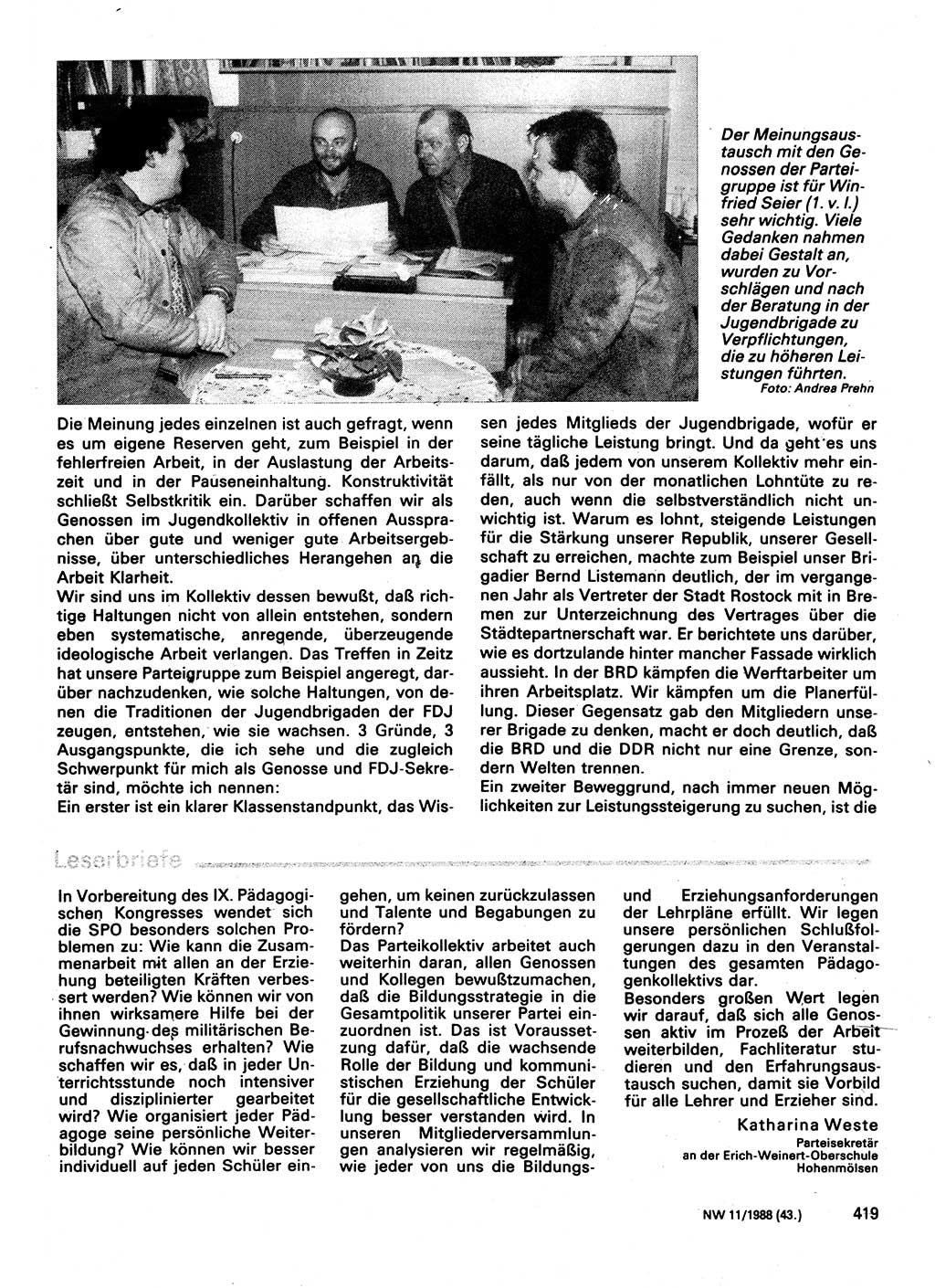 Neuer Weg (NW), Organ des Zentralkomitees (ZK) der SED (Sozialistische Einheitspartei Deutschlands) für Fragen des Parteilebens, 43. Jahrgang [Deutsche Demokratische Republik (DDR)] 1988, Seite 419 (NW ZK SED DDR 1988, S. 419)